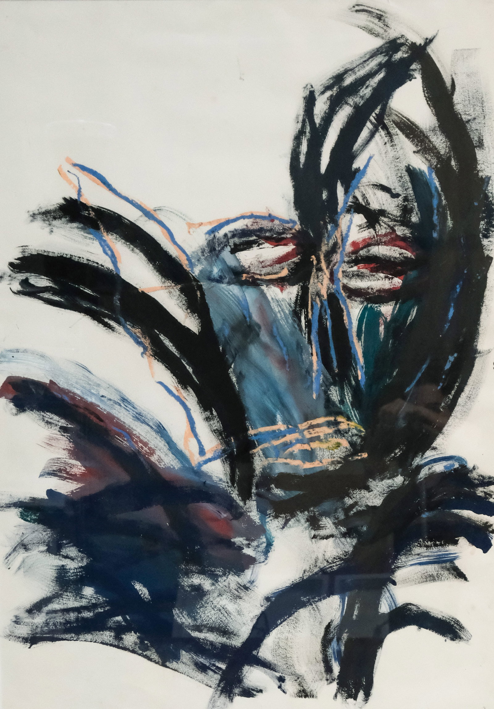East Village School, Abstract Portrait: American, ca. 1980, large scale gouache depicting a disembodied face. Overall 37 1/4" x 49 1/4", image size 29 1/2" x 41 1/2".
