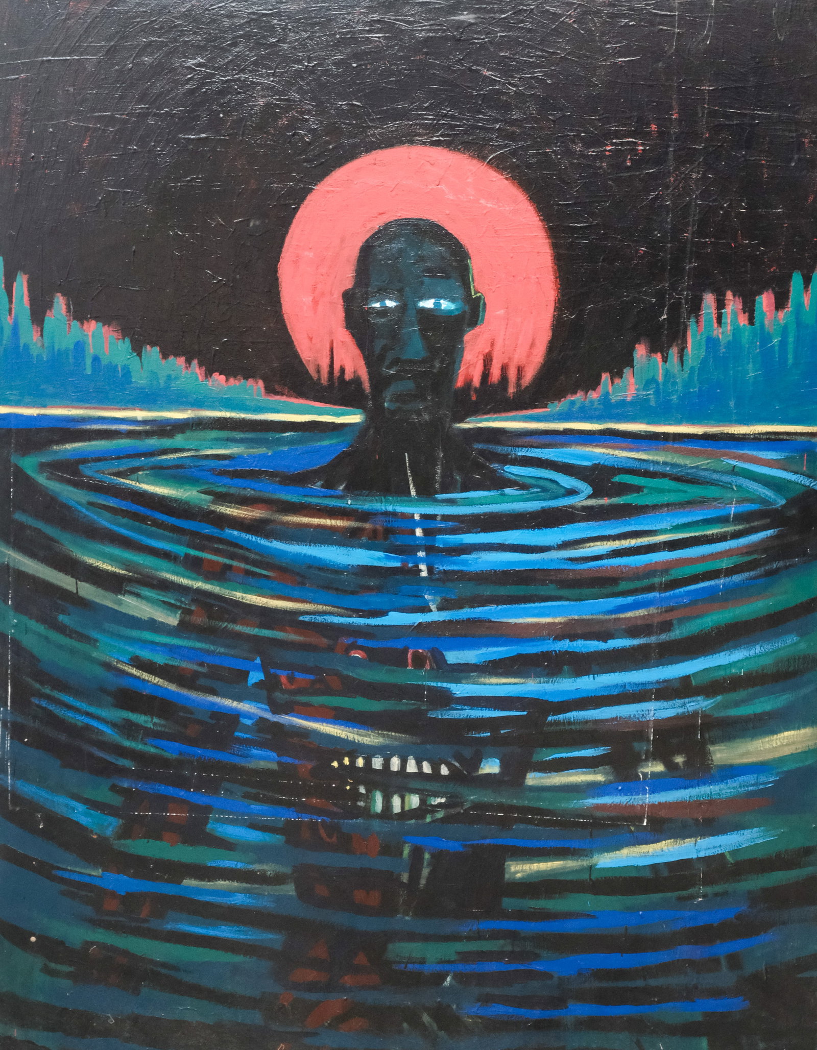 East Village School, Blood Moon Dark Silhouette: American, ca. 1980, large scale oil on canvas depicting a dark figure. Overall " 54" x 72".