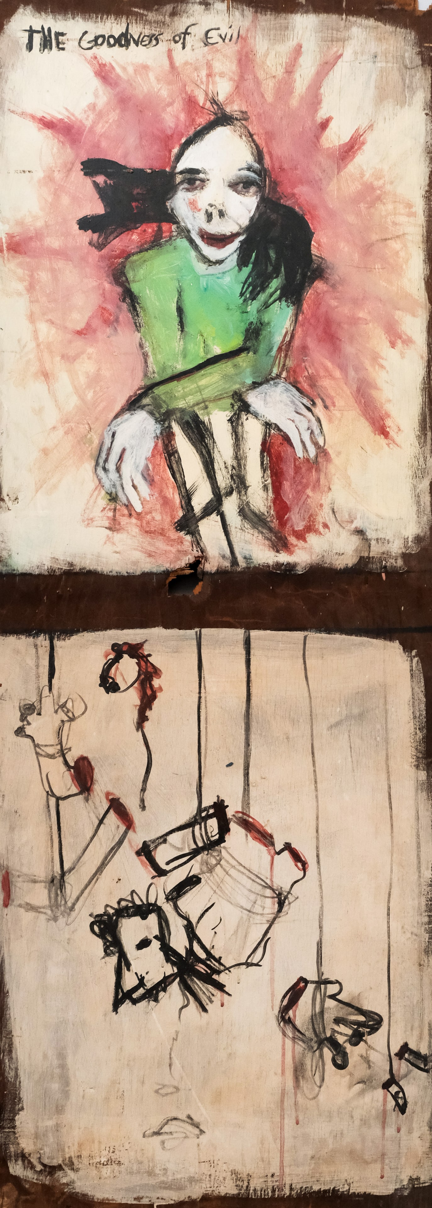 East Village School, "The Goodness of Evil": American, ca. 1980, oil on plywood panel depicting a haunting figure above a dismembered body, titled above, 21 1/4" x 56 1/4" panel, unframed.
