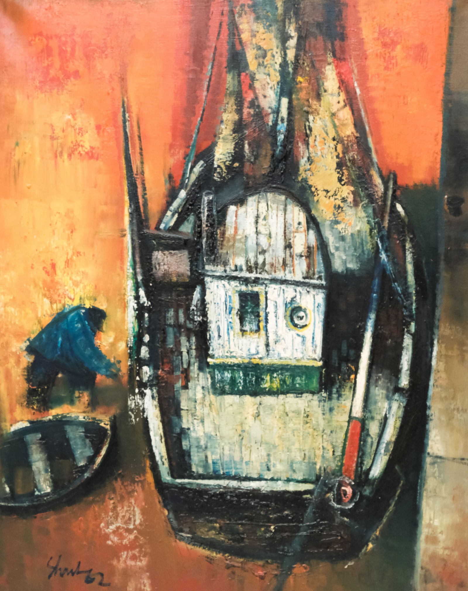 Signed Oil Painting Old Sailor W/ Pipe On Dock Signed Oil Painting Old Sailor W/ Pipe On Dock