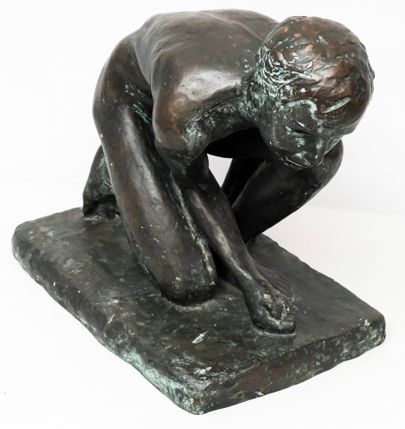 Bronze Sculpture, Nude Male Shooting Marbles: The youth intent on his shot, hunched and taut. Apparently unsigned. 12 1/2" x 16.