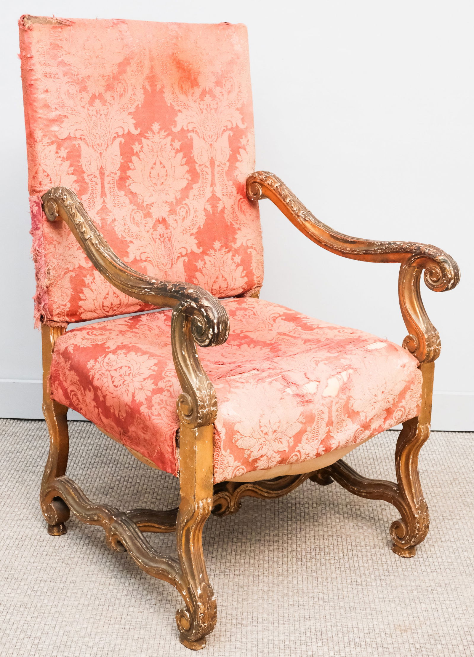Large Antique Louis Style Gilt Armchair: With antique upholstery.