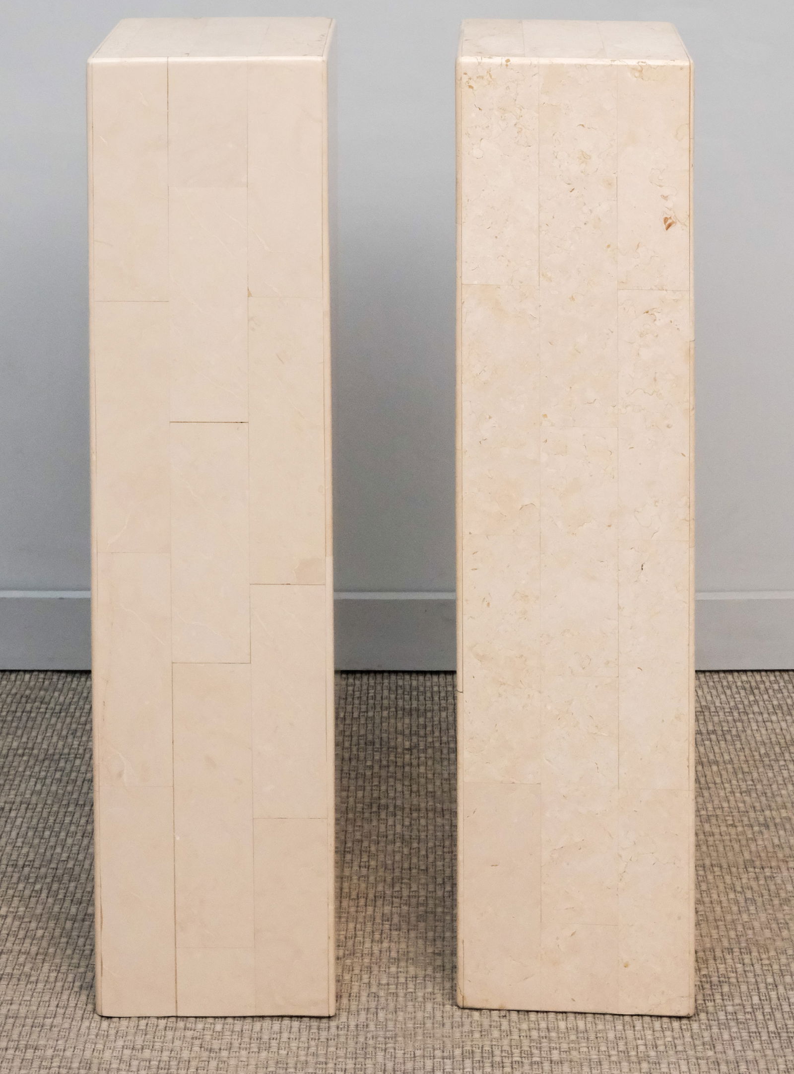 Pair of Vintage Travertine Marble Pedestals: Laminated stone, well matched.