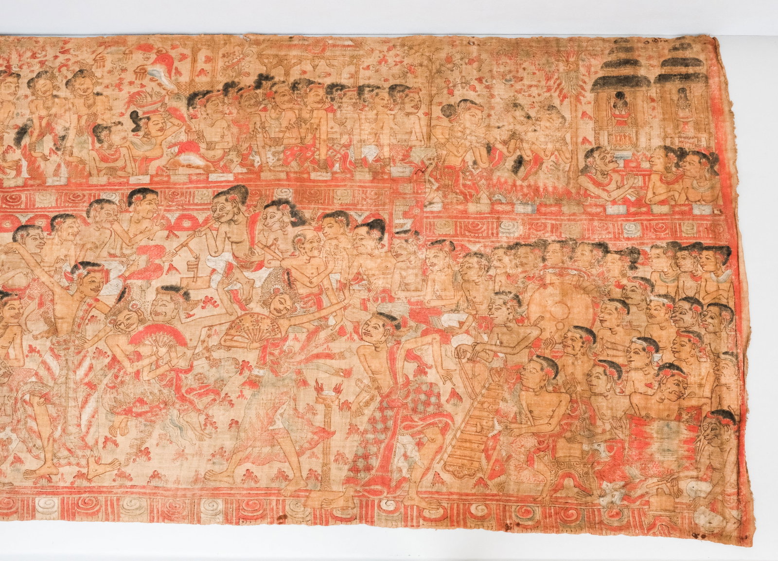 Early Balinese Kamasan Painted Textile: 19th Century or older. An antique Balinese Kamasan hand painted pigment on a cotton canvas. The painting depicts a mythological scene. 97" x 28".