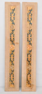 Pair of Antique Chinese Embroidered Robe Panels: Beautiful elements. Strips 2 1/2" x 40", 7 1/2" x 45".