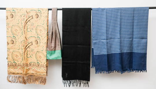 4 Designer Scarves: Hermes, Paul Stuart, YSL: Consisting of: 1) YSL black wool fringed winter scarf, 2) Paul Stuart yellow silk foulard scarf with fringe, 3) Hermes green with red pattern silk cravat, 4) Hermes blue silk fringed scarf with patter