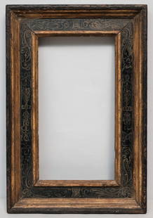 Heydenryk Modernist Frame 10 1/2" x 19 1/4": House of Heydenryk, ca. 1940, carved chestnut, having alternating gilt and ebonized elements with sgraffito decorated panel. Overall 18" x 27", rabbet 10 1/2" x 19 1/4", 4 1/4" molding