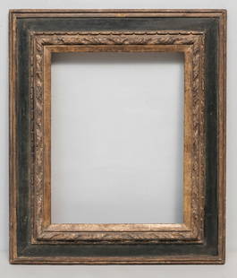 Heydenryk Modernist Frame 14" x 18": House of Heydenryk, carved and gilded with ebonized panel, label verso. Overall 22 1/2" x 26 1/2", rabbet 14" x 18", 4 1/2" molding