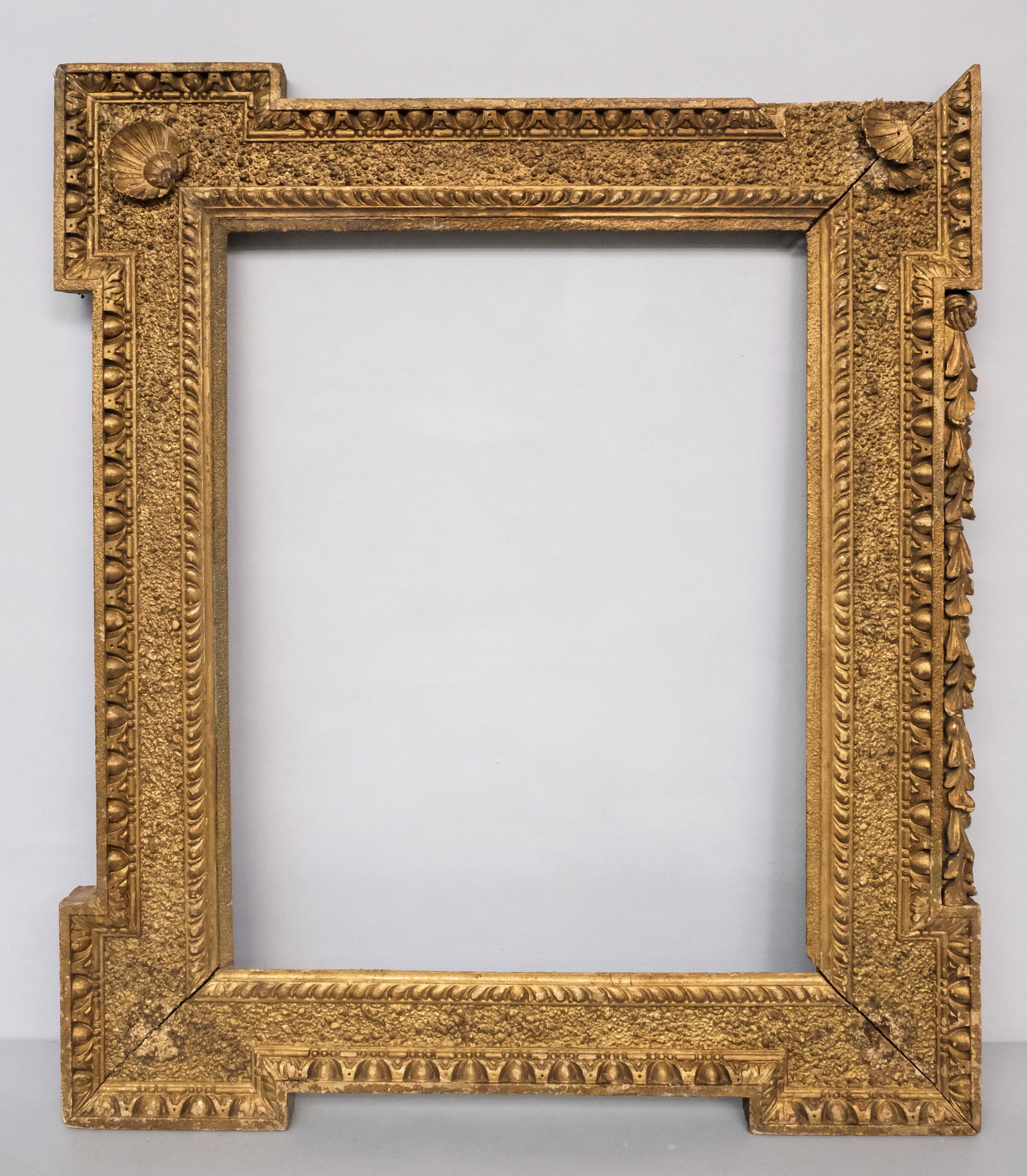 English Kent Frame 20 1/2" x 26 1/2": English, ca. 1740, carved and gilded Palladian frame in the style of William Kent. Overall 32" x 37", rabbet 20 1/2" x 26 1/2", 6" molding