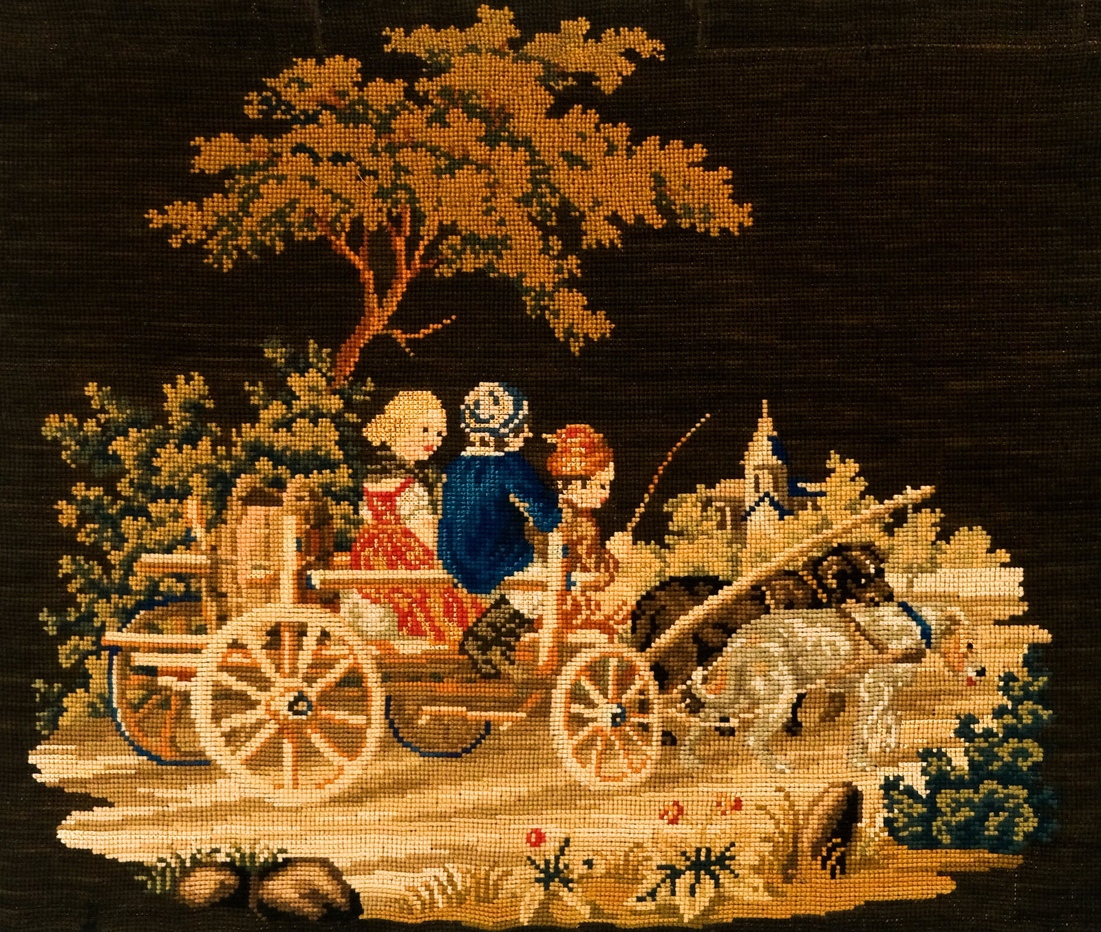 19th Century American Needlepoint: American, ca. 1840, depicting two passengers on a coach, 19 3/4" x 23 1/4" canvas, unframed.