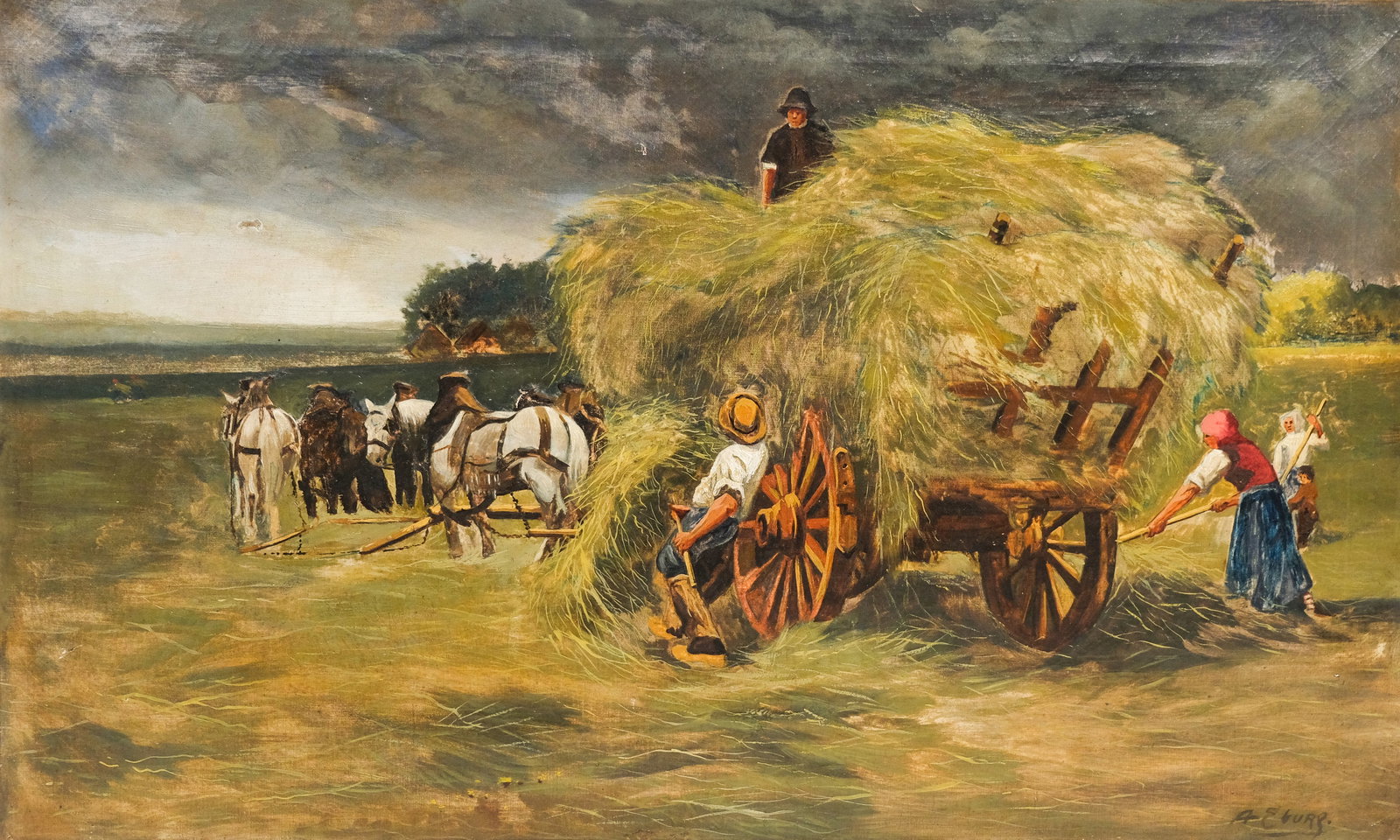American School, Haying: American, ca. 1860, oil on canvas depicting haying as a thunderstorm draws near, signed illegibly l.r., 22" x 36" canvas, unframed.
