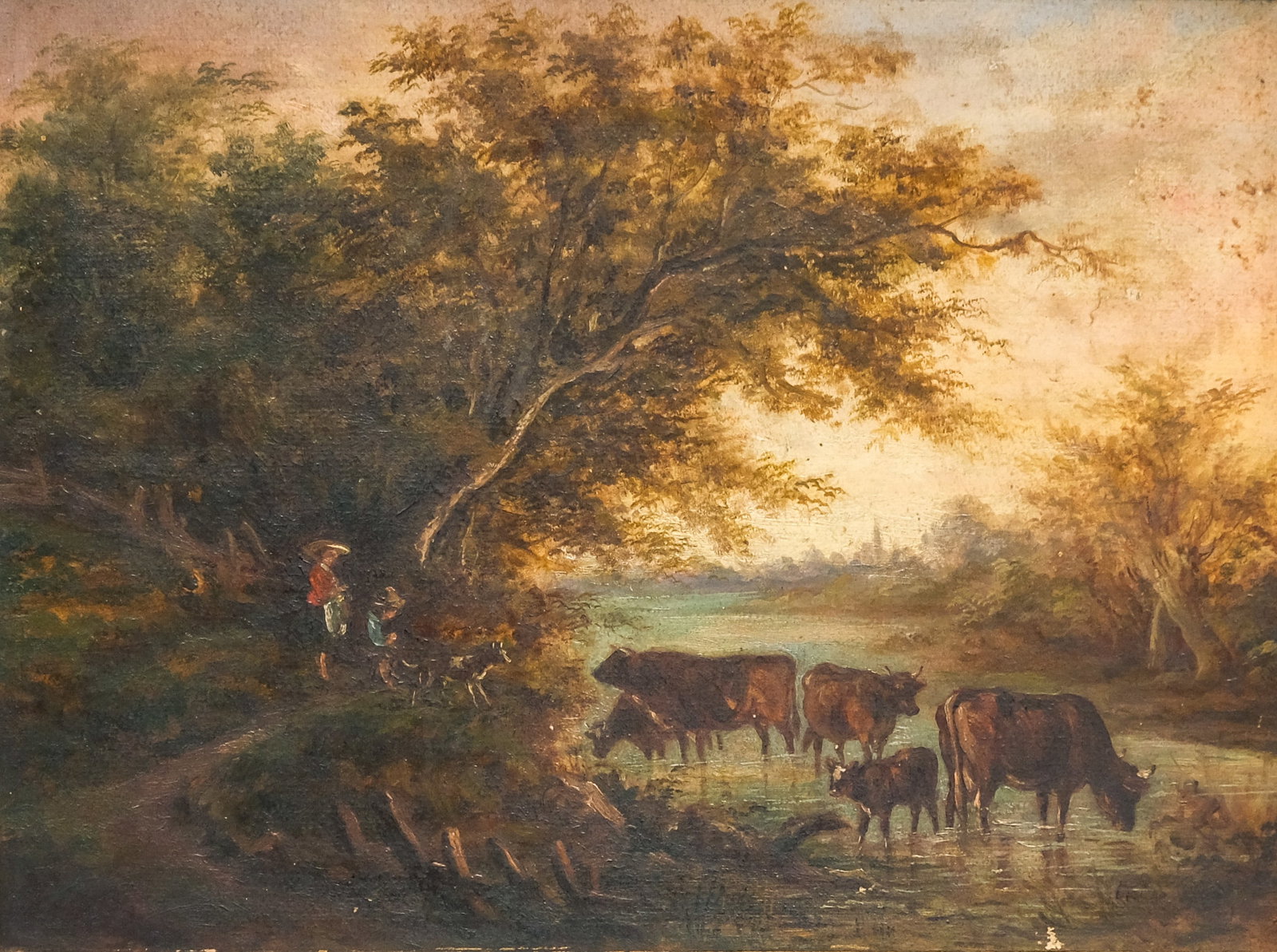 American School, Hudson River School Landscape: American, ca. 1860, oil on board depicting two figures with a dog watching as the cows water in the river, housed in a period frame, 9" x 12" board, 12 1/4" x 15 1/4" framed.