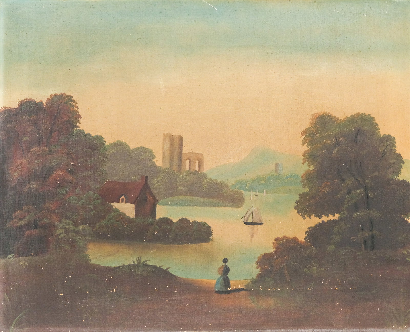 American School, Landscape: American, ca. 1850, oil on canvas, Hudson River School painting in the manner of Thomas Chambers depicting a lady watching the boats, New York canvas stamp verso, 24" x 30" canvas, unframed.