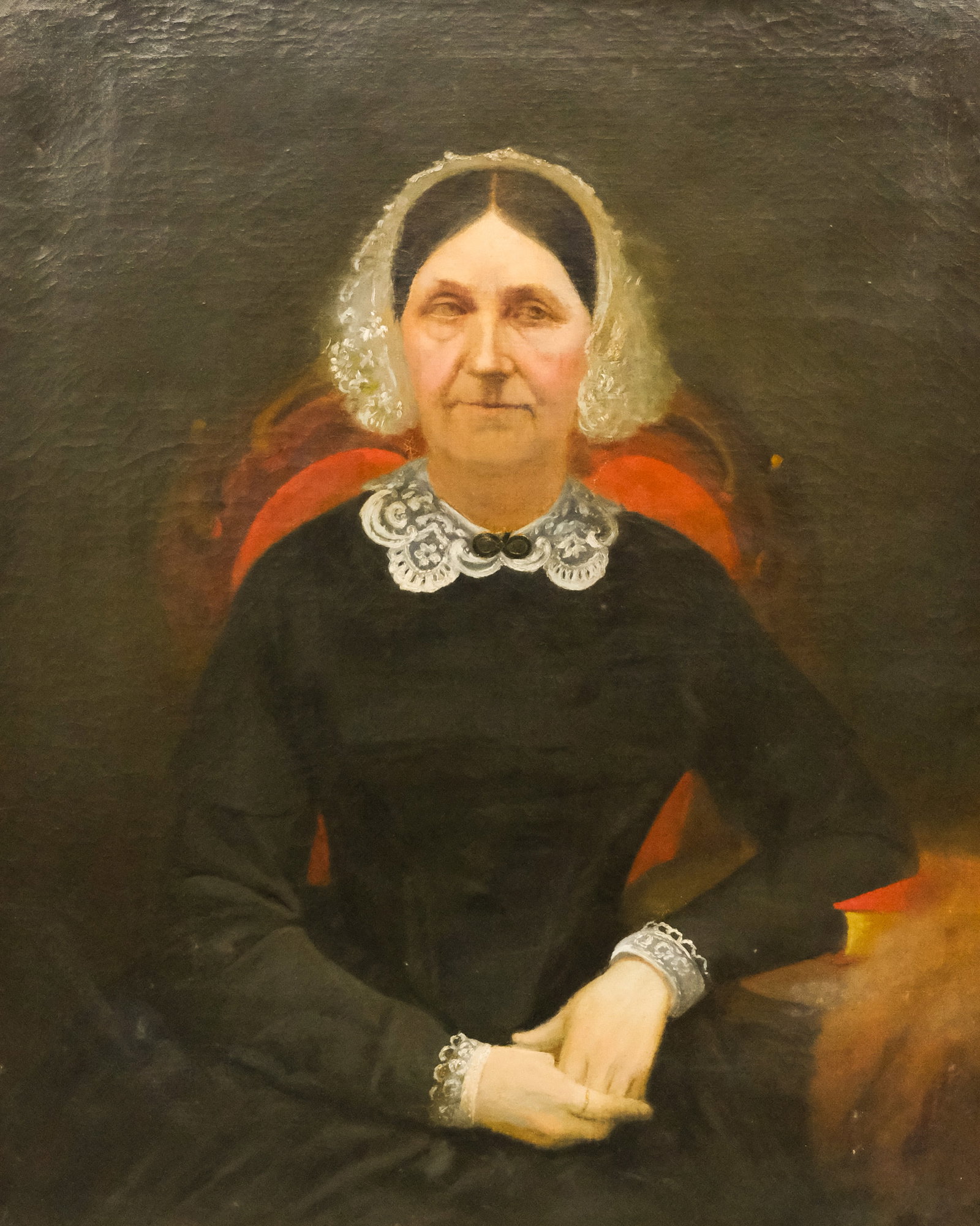 American School, Portrait of a Lady: American School, 19th century, oil on canvas depicting an older, distinguished lady in a lace bonnet and collar, 28" x 35" image, 33 1/2" x 40 1/2" framed.