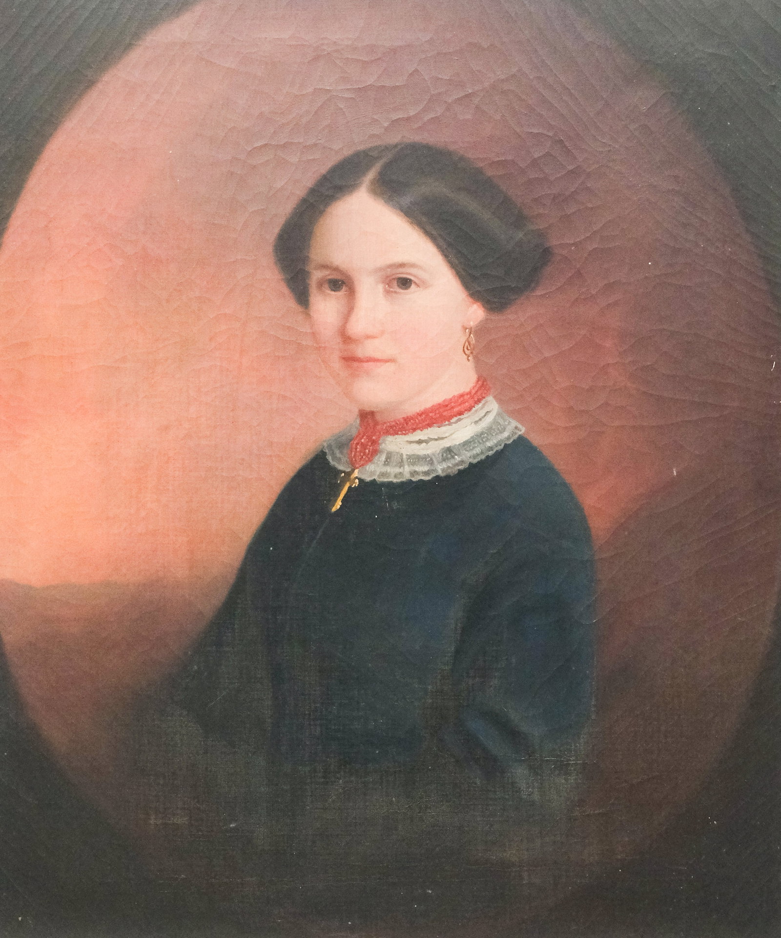 American School, Portrait of a Young Lady: American, ca. 1840, oil on canvas portrait of a young lady with a cross and coral necklace, J.J. Adams, Boston canvas stamp verso, 25" x 30" canvas, unframed.