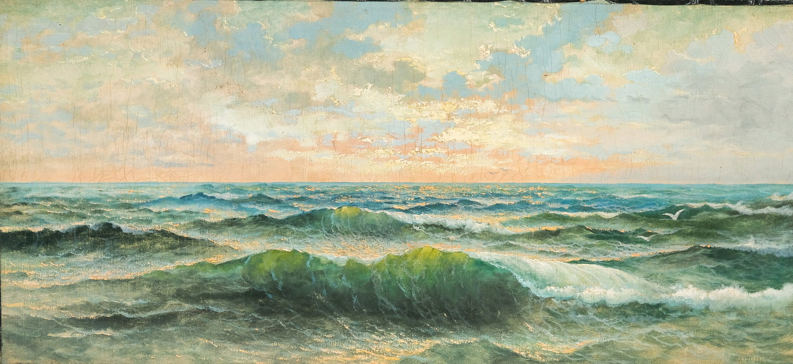 European School, Waves at Sunrise: European, 19th century, oil on canvas depicting waves at sunrise, signed "J Jensen" l.r., 17 1/2" x 38" canvas.