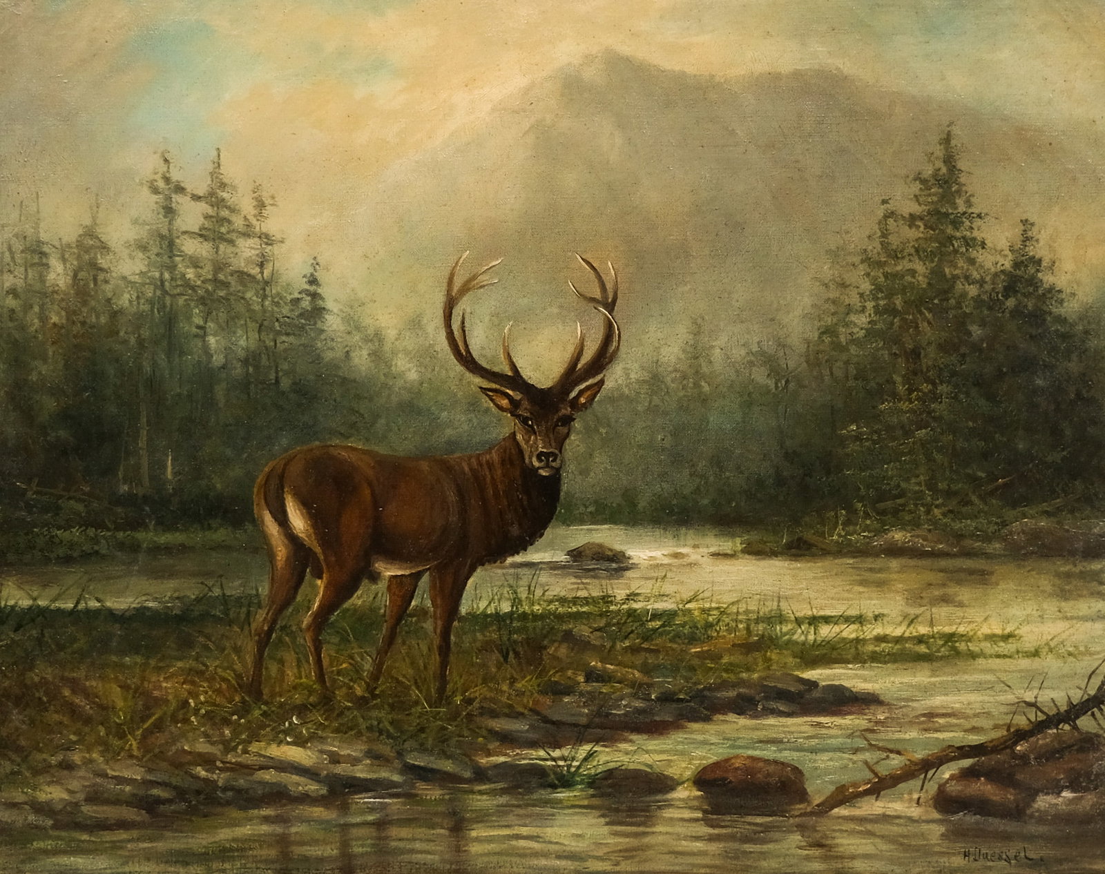 Henry Duessel, "Stag By a Mountain Stream": Henry Duessel (American, 1858-1919), oil on canvas depicting stag by the river, facing the viewer, signed "H Duessel" l.r., 15 1/2" x 19 1/2" image, 24 3/4" x 29 1/4" framed.