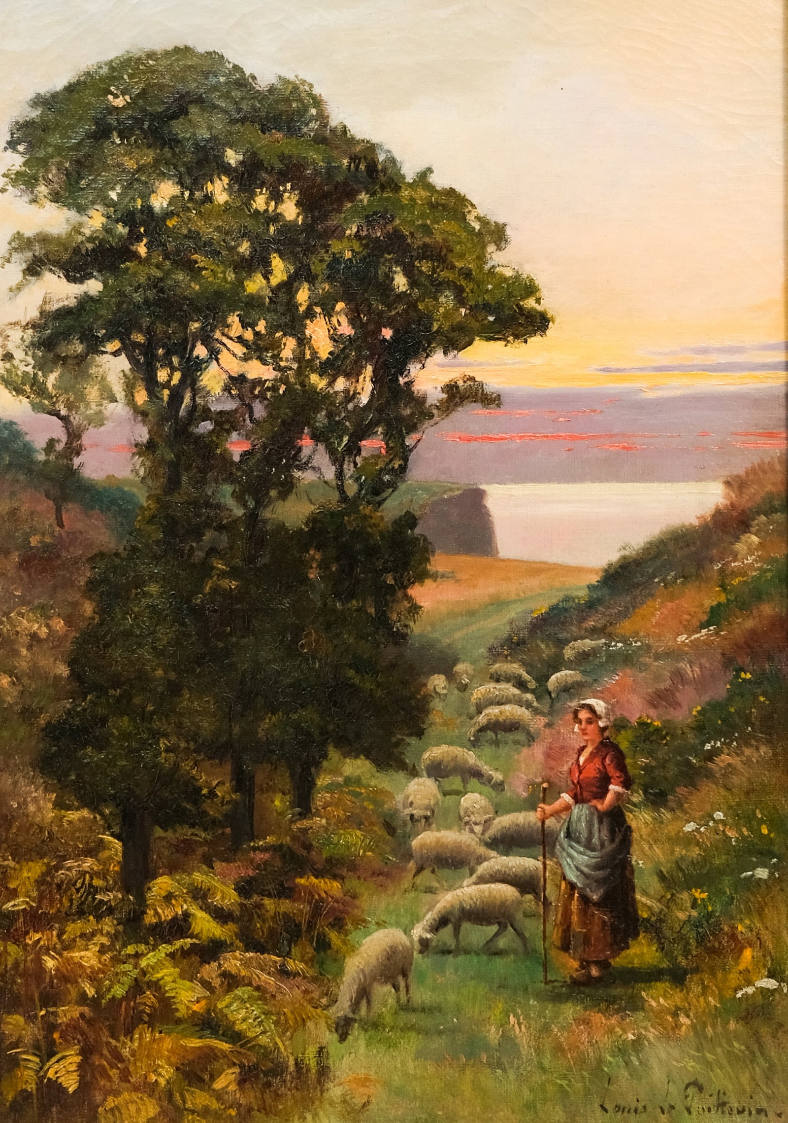 Louis Le Poittevin, Shepherdess in Brittany: Louis Le Poittevin (French, 1847-1909), oil on canvas depicting a young shepherdess and her flock walking along a path as the sun rises and paints the sky in streaks of red and purple, signed "Louis L