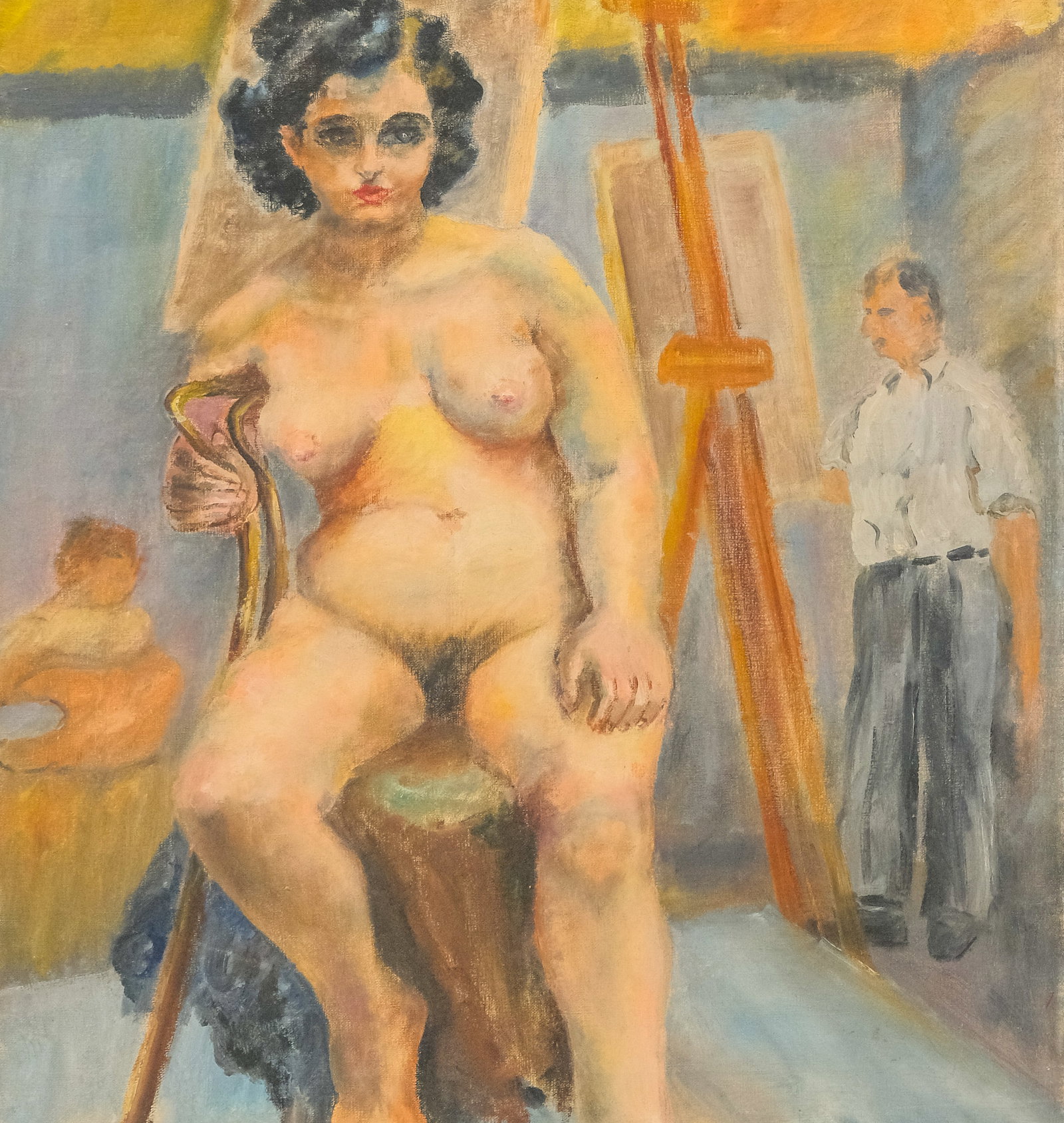 Alma Davies, Seated Nude: Alma Davies, American, oil on canvas depicting a nude in a painting class, canvas signed and inscribed verso "Alma Davies, A.M. Brackman" student work from Robert Brackman's class. Unframed: 21" x 23"