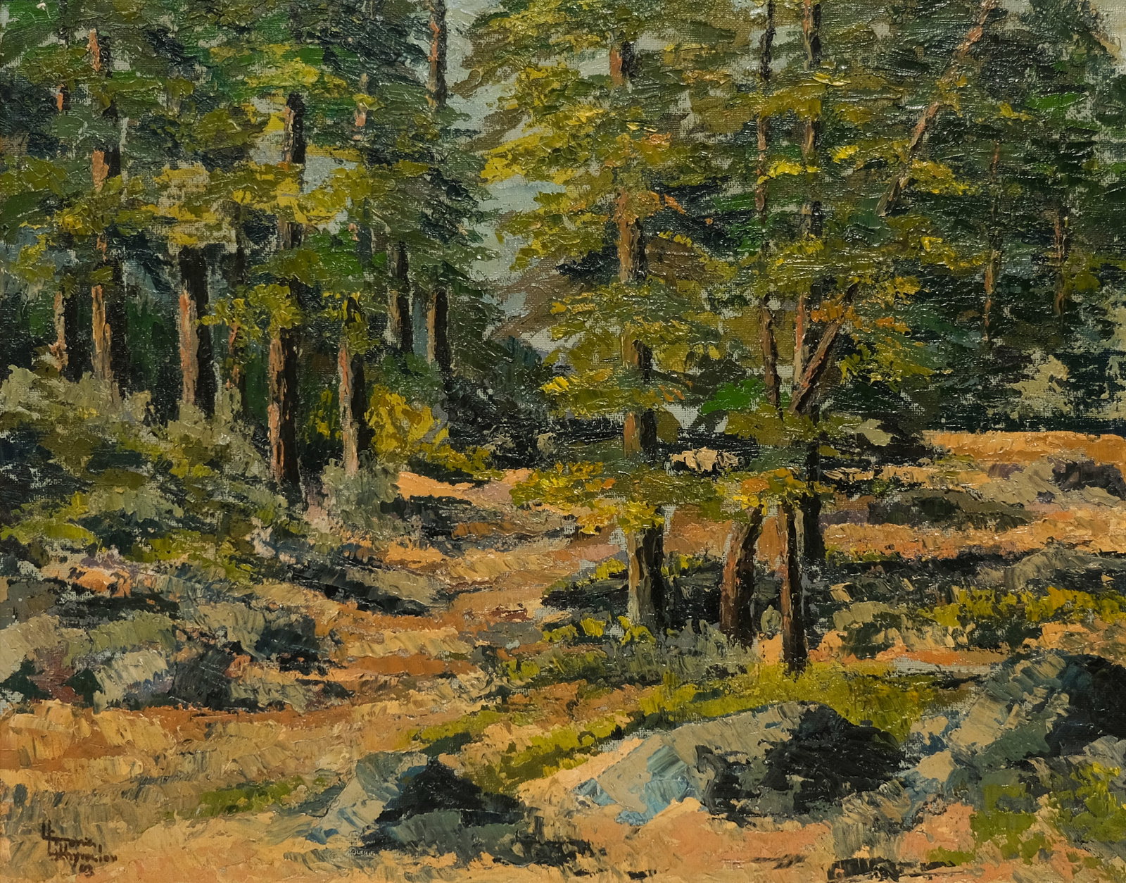 American School, Forest in Summer: American school, 20th century, oil on board depicting a vibrantly colored forest floor in summer, signed and dated l.l., 17 1/2" x 23 1/2" image, 24 3/4" x 30 3/4" framed.