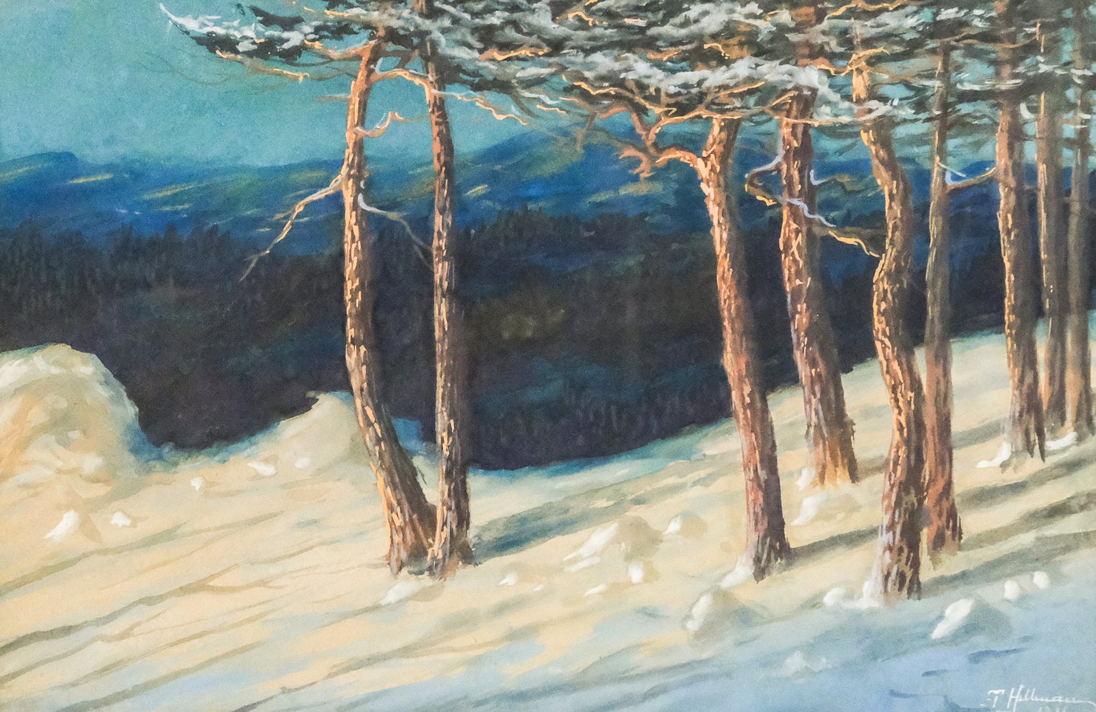 American School, Forest in Winter: American, watercolor/gouache on board depicting a snowy slope, housed in a period arts & crafts frame, signed and dated l.r. "T. Hillman, 1911" Framed: 16 1/2' x 22 1/2" Image: 11 1/2" x 17 1/2"