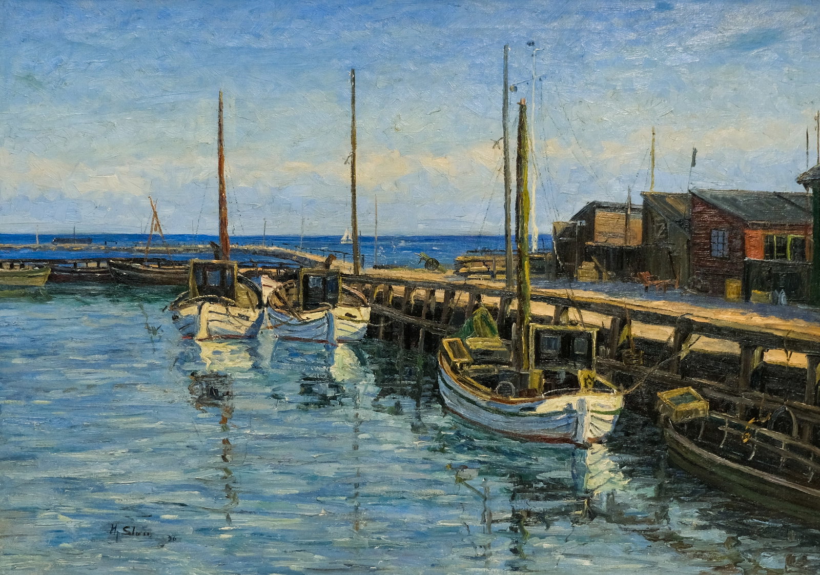 American School, New England Wharf: American school, 1936, oil on canvas depicting boats docked at a New England wharf, dated "36" l.l., 27" x 38 3/4" image, 32 1/2" x 44 1/2" framed.
