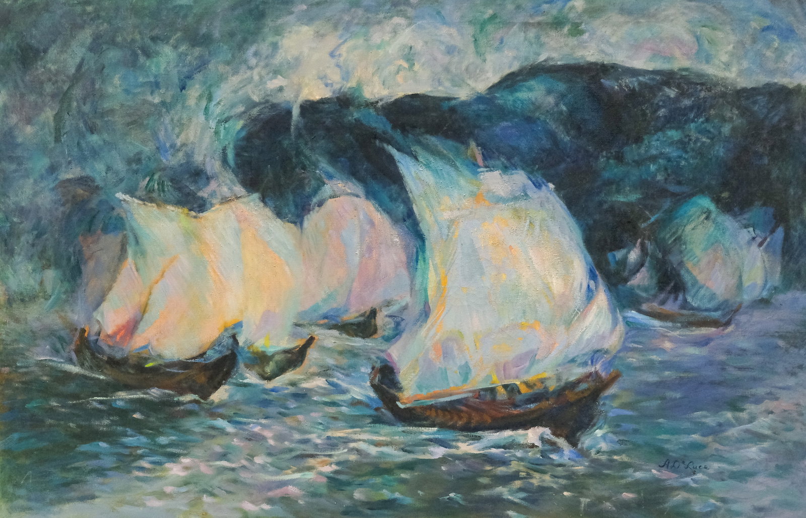 American School, Schooners: American, ca. 1920, oil on canvas depicting a regatta, signed l.r. "A DeLuce" Unframed: 24" x 36"