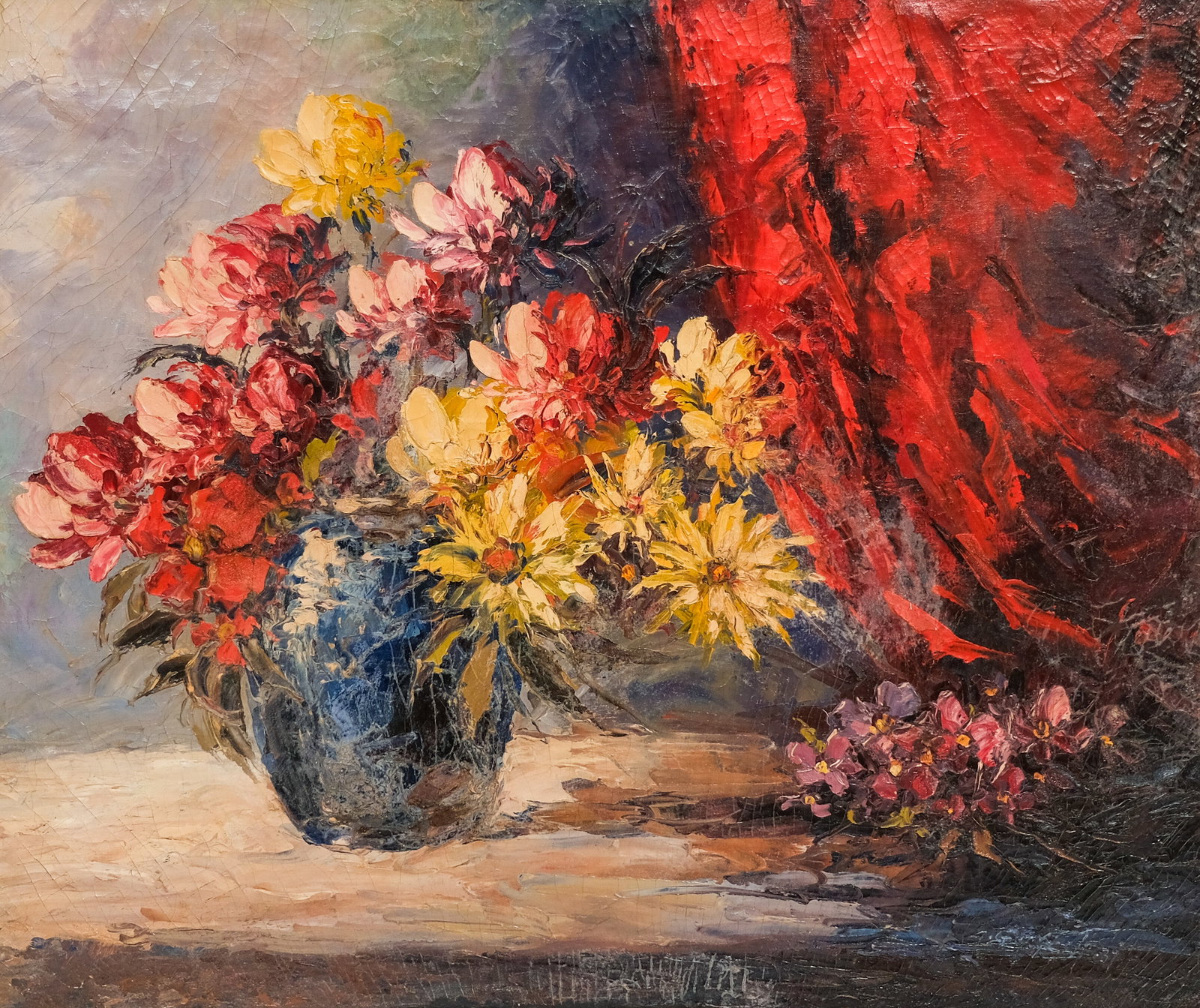 Leonid Gechtoff, Still Life with Red Flowers: Leonid Gechtoff (Russian-American, 1883-1941), oil on canvas depicting a vase of red and white flowers in front of a red curtain, signed "Gechtoff" l.r., 29 3/4" x 35 1/2" image, 34 1/4" x 39 1/2" fra