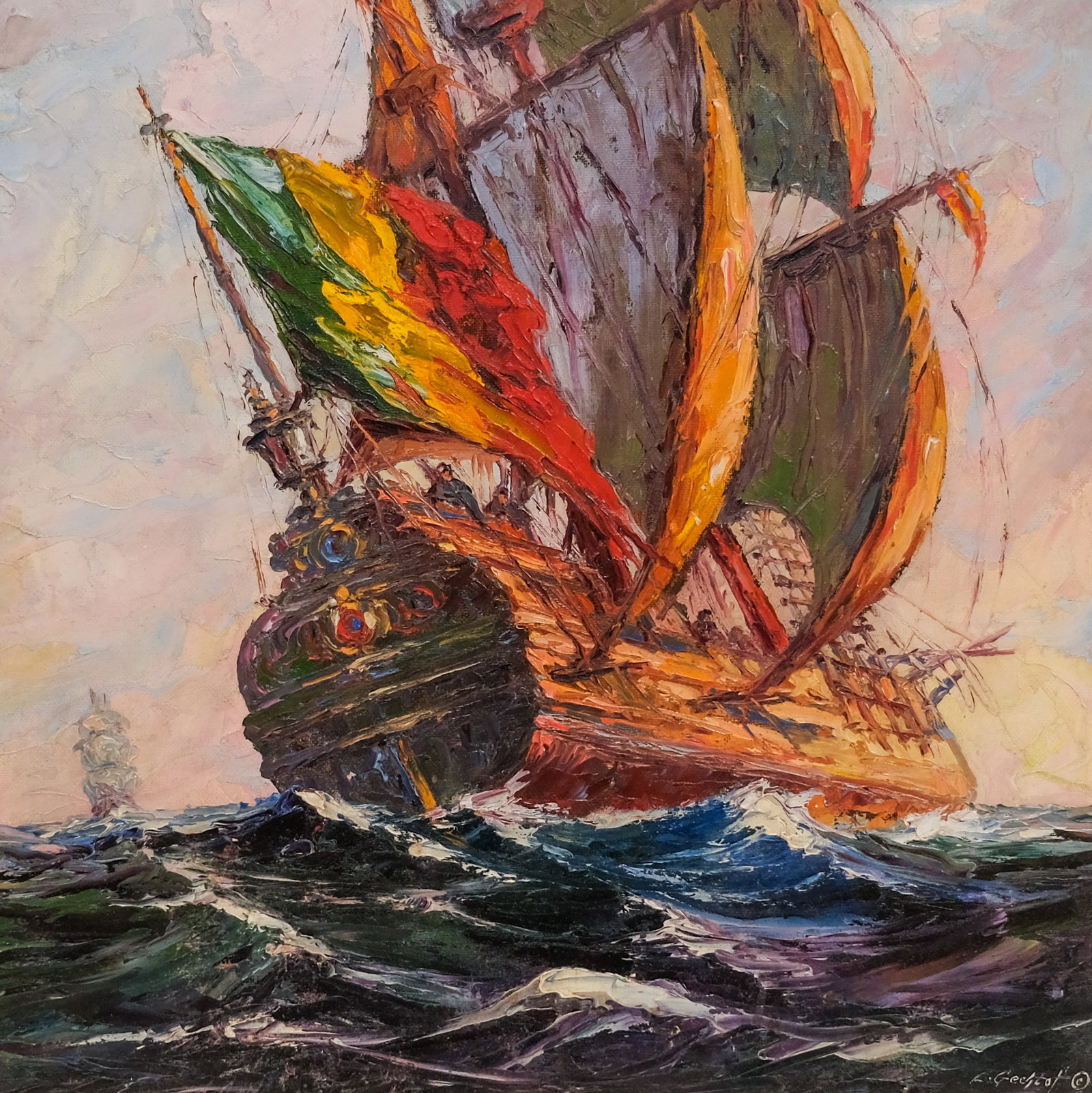 Leonid Gechtoff, Vibrant Ship on the Sea: Leonid Gechtoff (Russian-American, 1883-1941), oil on board depicting a ship in vibrant colors on a choppy sea, signed "L. Gechtoff" l.r., 27 3/4" x 28 1/4" image, 35" x 35 1/2" framed.