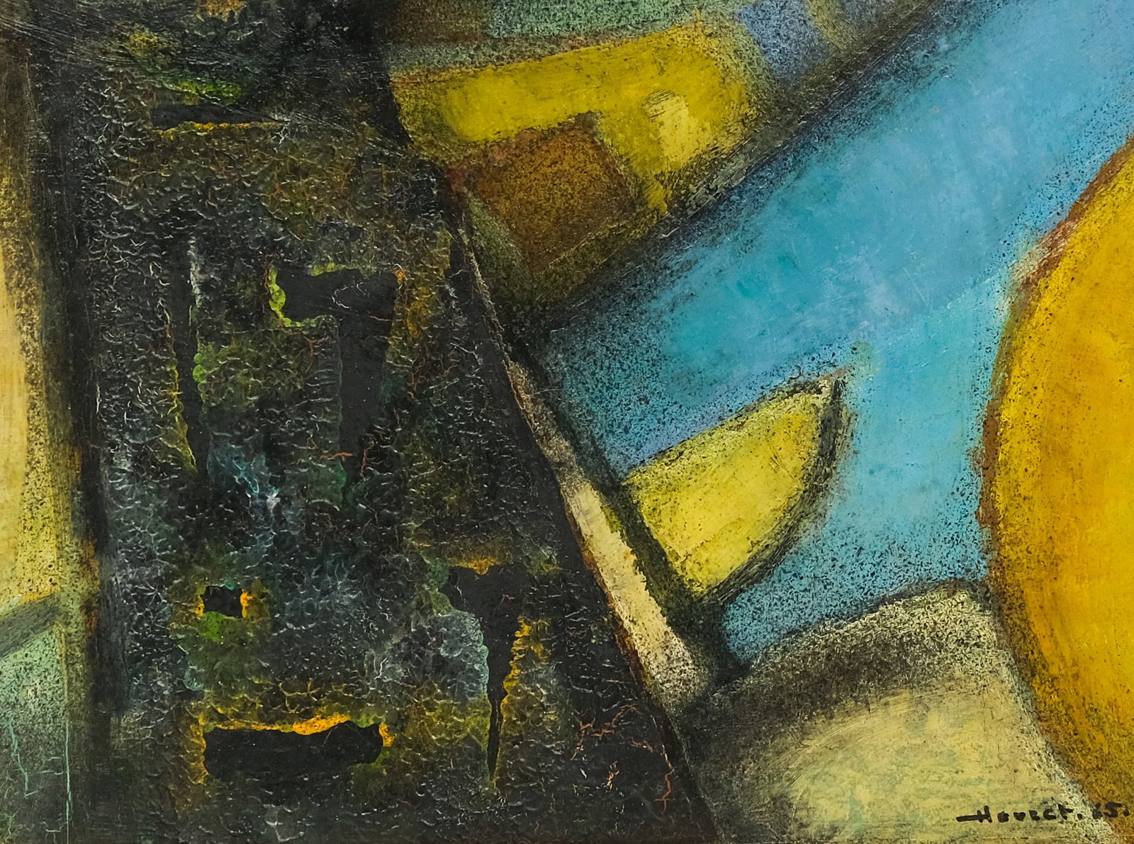 Pierre Havret, Untitled Abstract: Pierre Havret (French, born 1913), 1965, oil on wood board depicting an abstract in blue, green, and brown, signed "Havret" and dated "65" l.r., with a "La Salle College Study Collection" label