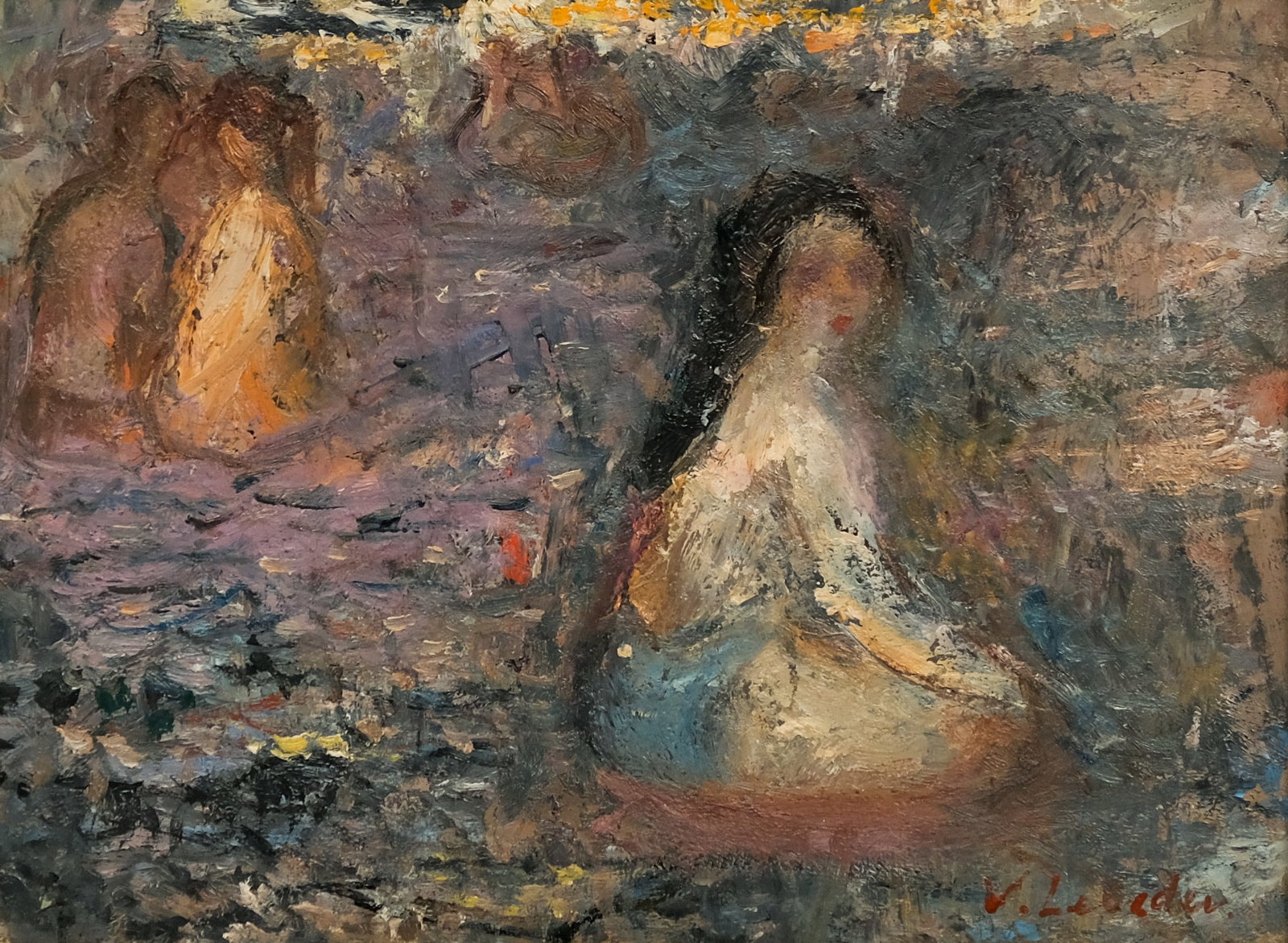 Vladimir Lebedev, Sun Bathers at Coney Island: Vladimir Lebedev (Russian, 1910-1989), c. 1960, oil on masonite depicting three sunbathers seated on the beach, one woman looking back toward the viewer, signed "V. Lebedev" l.r., stamped "Estate of