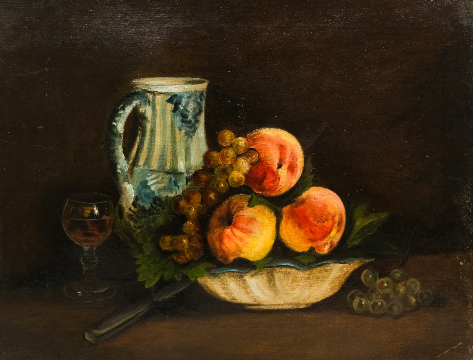 American School, Still Life with Peaches: American school, 20th century, oil on canvas depicting a bowl of peaches, a glass of wine, and porcelain ewer, 16 1/2" x 21 1/2" image, 21 1/2" x 26 1/2" framed.