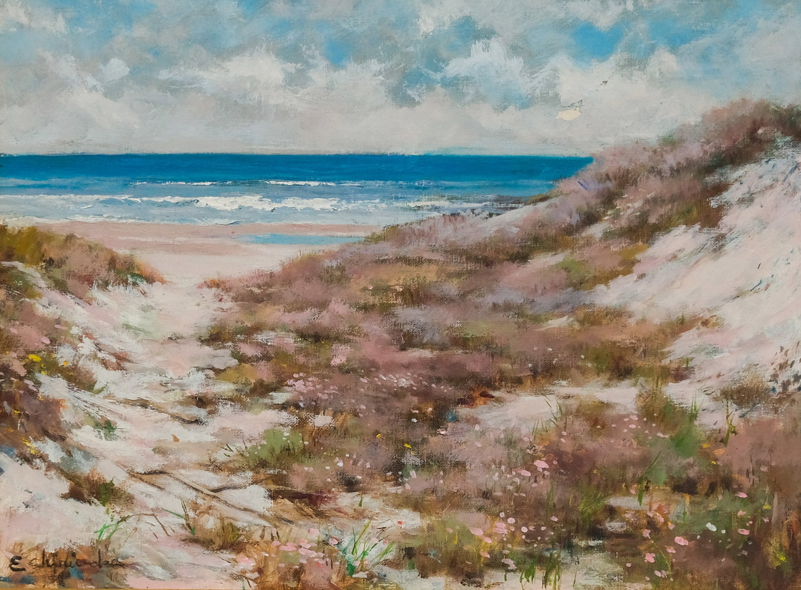 Ernest Chiriaka, Dunes at the Beach: Ernest Chiriacka (American, 1913-2010), oil on canvas depicting dunes leading up to the beach, signed "E Chiriaka" l.l., 11 1/2" x 15 1/2" image, 16" x 20" framed.