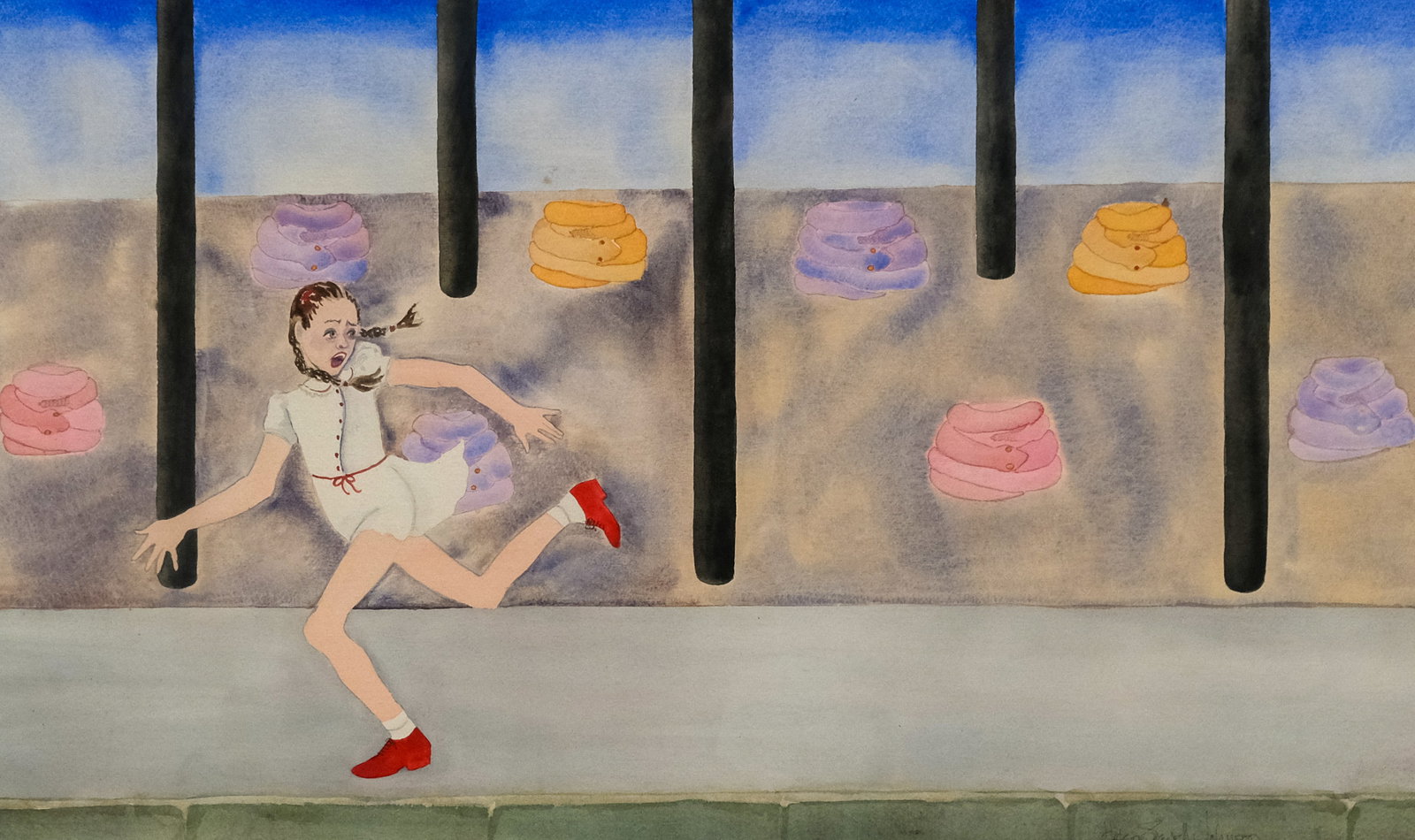 Helen Sewell Johnson, Snakes: Helen Sewell Johnson (American, b.1906) watercolor depicting a girl running from coiled snakes, 17 1/4" x 29 1/4" image, 25 1/2" x 37 1/2" framed.