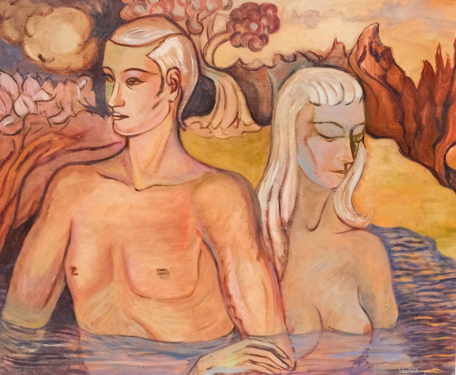 John Shollenberger, "The Expulsion": John Shollenberger, Merion, PA, 1962, oil on canvas depicting Adam and Eve in chest level water, signed l.r. Unframed: 30" x 36 1/4"