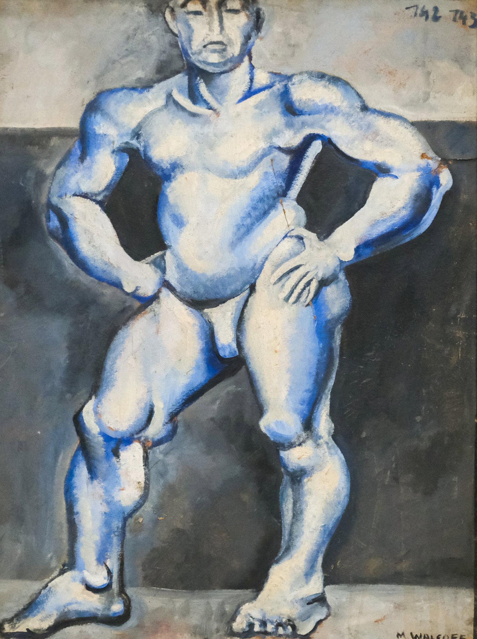 Muriel Walcoff, Blue Nude: Muriel Walcoff, (American, 20th century) oil on board depicting a posing man, signed l.r., label for The Little Terrace Gallery, New Hope verso, housed in a period modernist frame. Framed: 24 1/2" x