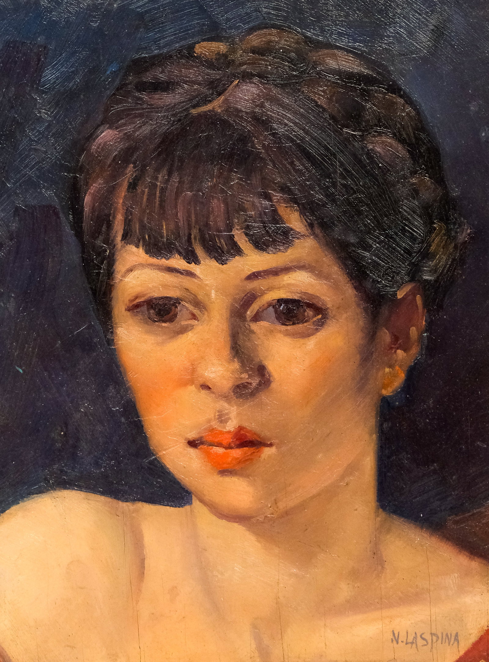 N. Laspina, Portrait of a Young Woman: American, early 20th century, oil on wooden panel depicting a young woman with braided hair and red lips, signed "N. Laspina" l.r., 9 1/4" x 12 1/4" panel.