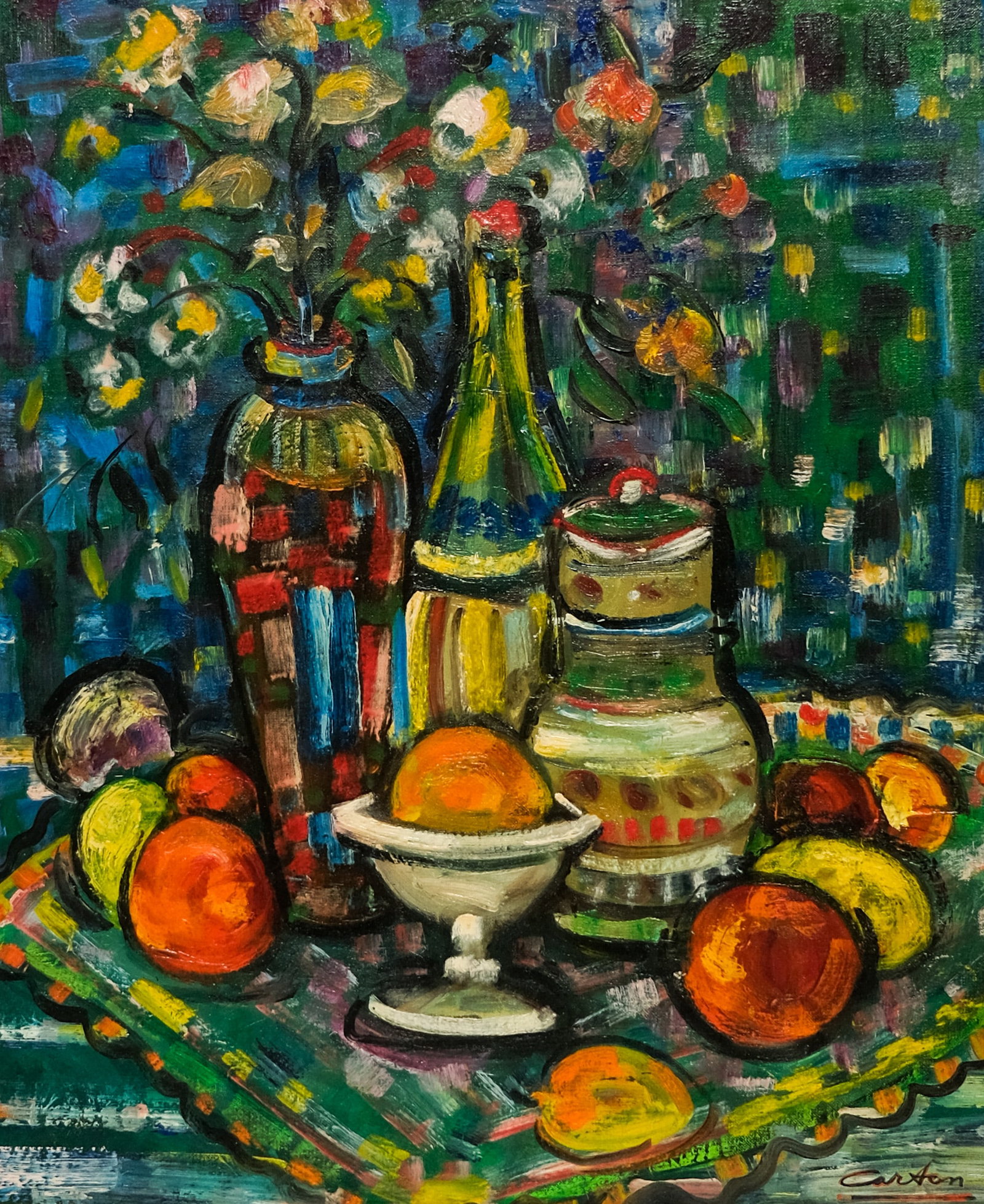 Norman Carton, Fruit and Wine: Norman Carton (American, 1908-1980), oil on board depicting a still life of fruit and wine bottles and flowers, signed "Carton" l.r., titled verso, 19 1/2" x 23 1/2" image, 29" x 33" framed.