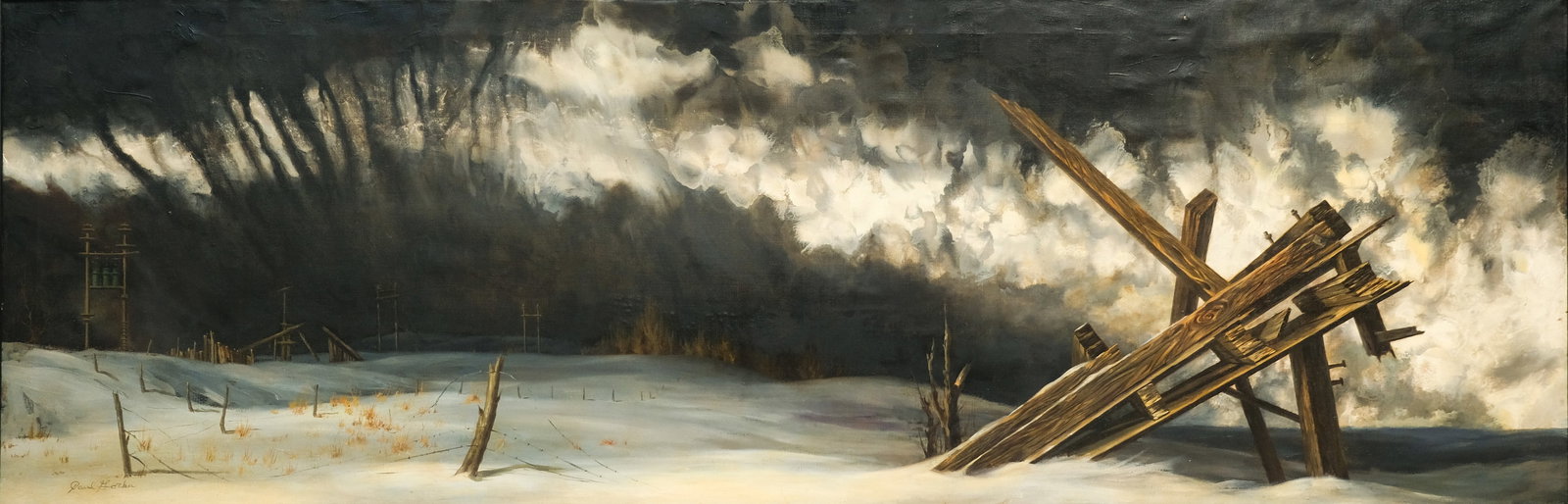 Paul Gorka, "Playground": Paul Gorka (American, 1931-2020), oil on canvas depicting a dark winter landscape littered with broken wooden structure like the aftermath of a battle, 24" x 73 1/2" image, 26 1/2" x 75 1/2" framed.