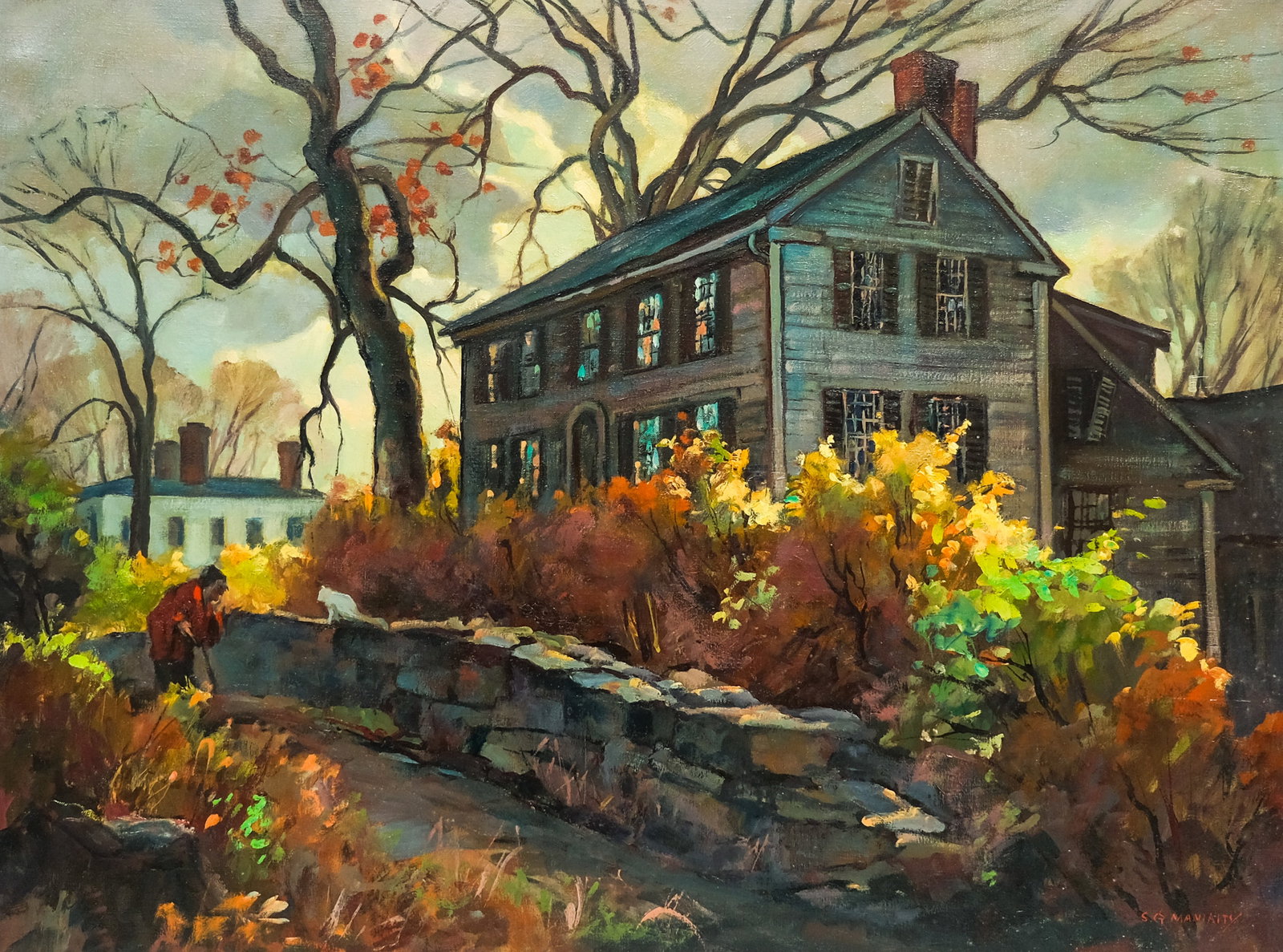 Stephen George Maniatty, "Deerfield Haunts": Stephen George Maniatty (American, 1910-1984), oil on canvas depicting an old woman conversing with a cat outside of a house, signed "S. G. Maniatty" l.r., 26 3/4" x 35 3/4" image, 35" x 44" framed.