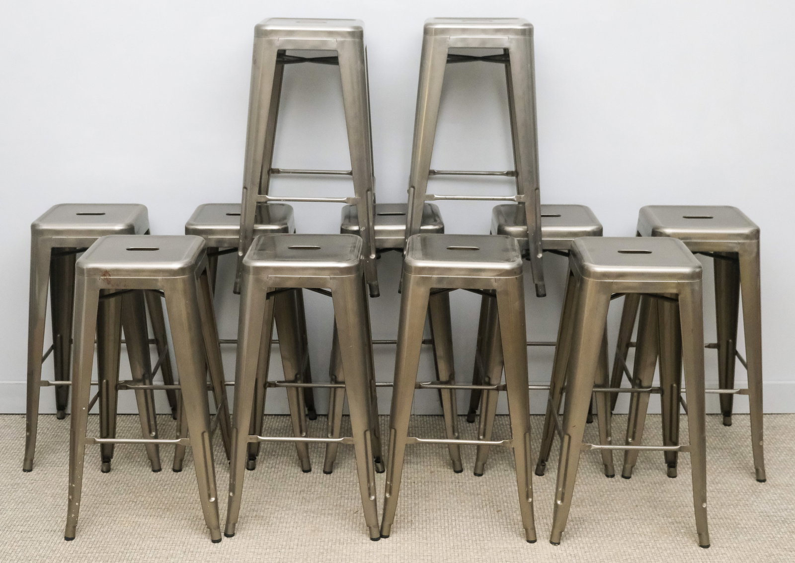 Group of Eleven Metal Stools: 20th century, modern, stackable, 30" H, 12" x 12" seats.