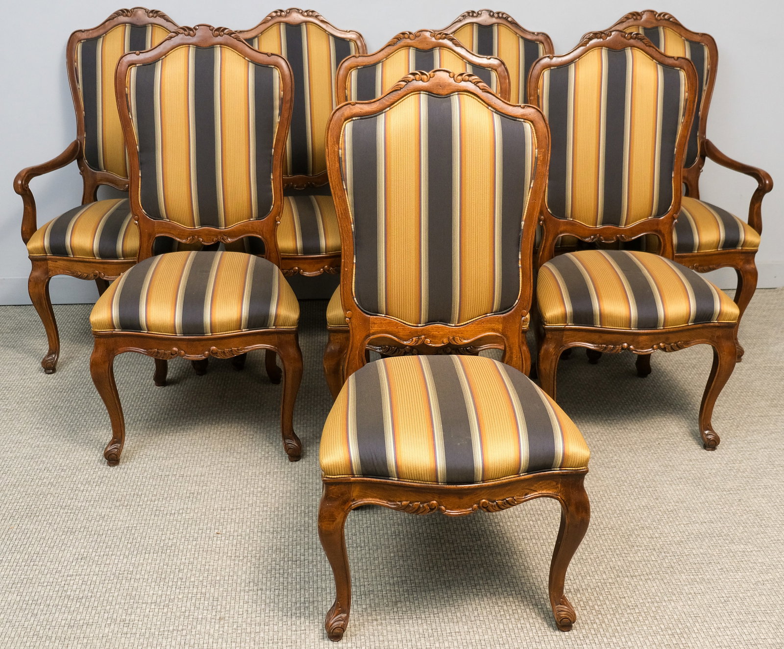 Eight Hickory Chair Co. "Venetian" Dining Chairs: Hickory Chair Co., North Carolina, 20th century, two arms, six side chairs in the Italian Baroque taste, 45 1/2" H x 22" W x 21" D
