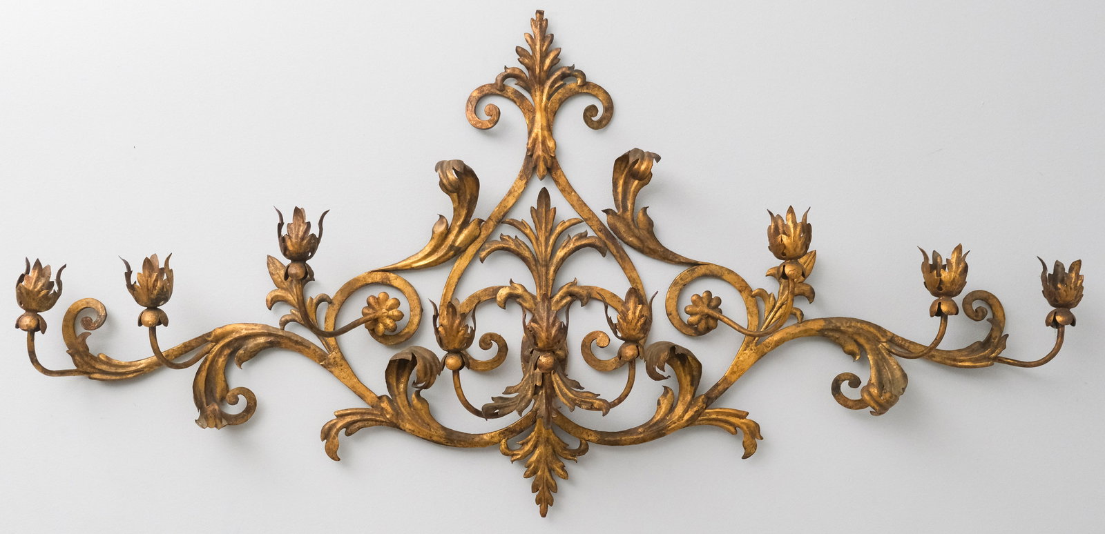 Italian Gilt Metal Hanging Wall Sconce: Italian, 20th century, having 9 arms, 51" x 25 1/2" x 6 3/4"
