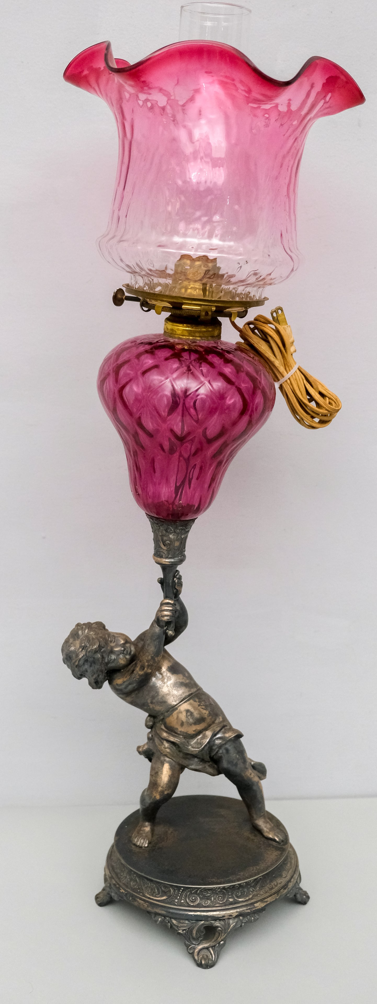 Pairpoint Figural Silverplate Ruby Glass Oil Lamp (1 of 10)