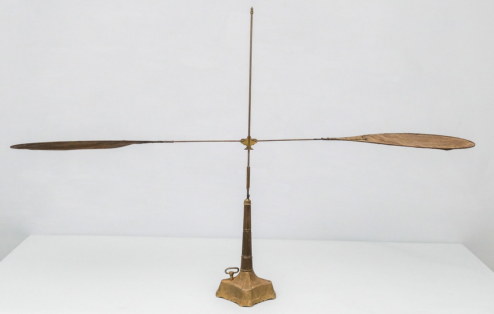 1892 Antique Demmler National Wind Up Fly Fan: Patent Pending wind up design with double cloth blades. Marked as shown. 31"H x 49"W