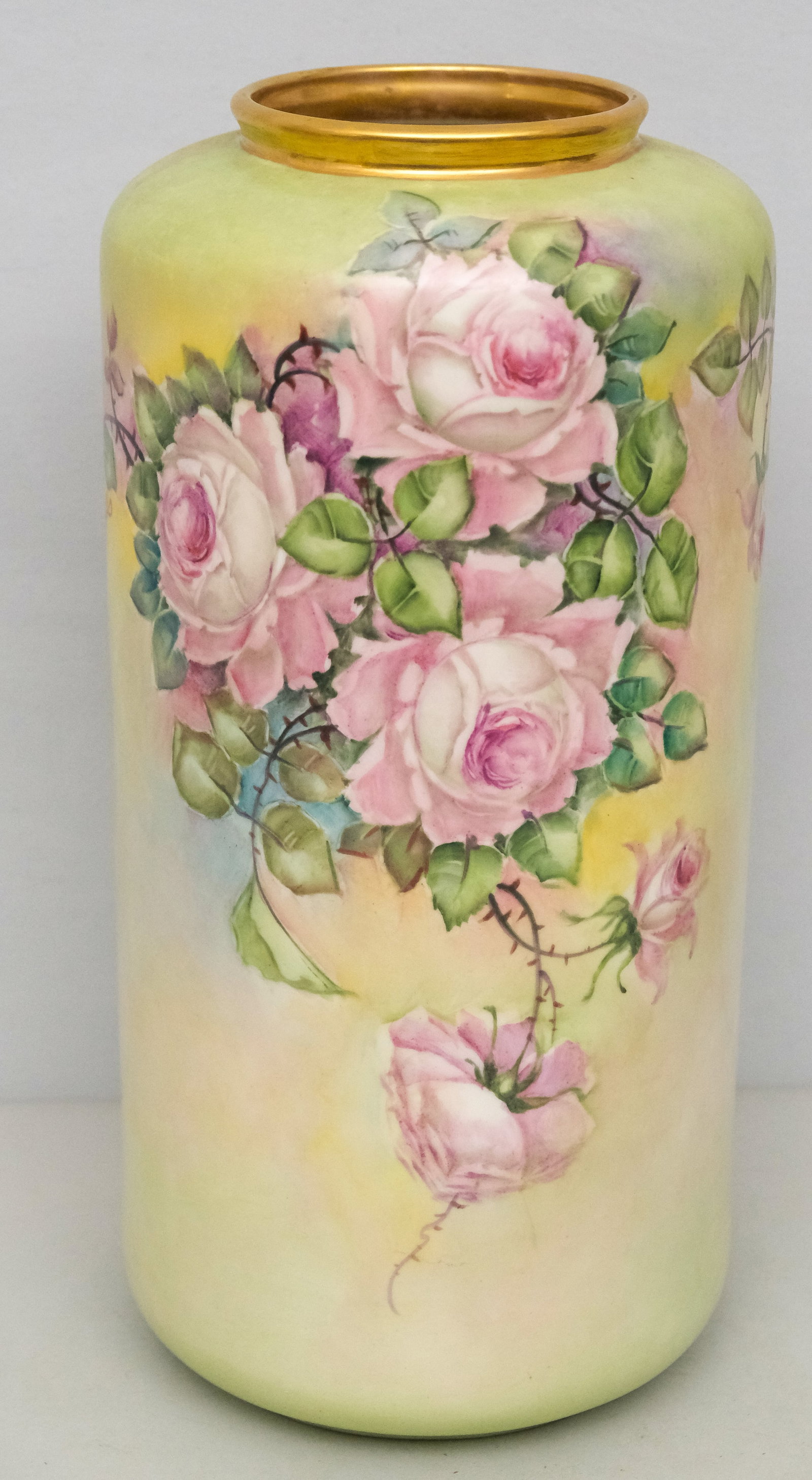 Lenox Belleek Porcelain Lamp Base Vase: C.1906-1924. Hand Painted trailing pink roses and leaves over pastel background, signed L. Haste. Original cast hole in base.
