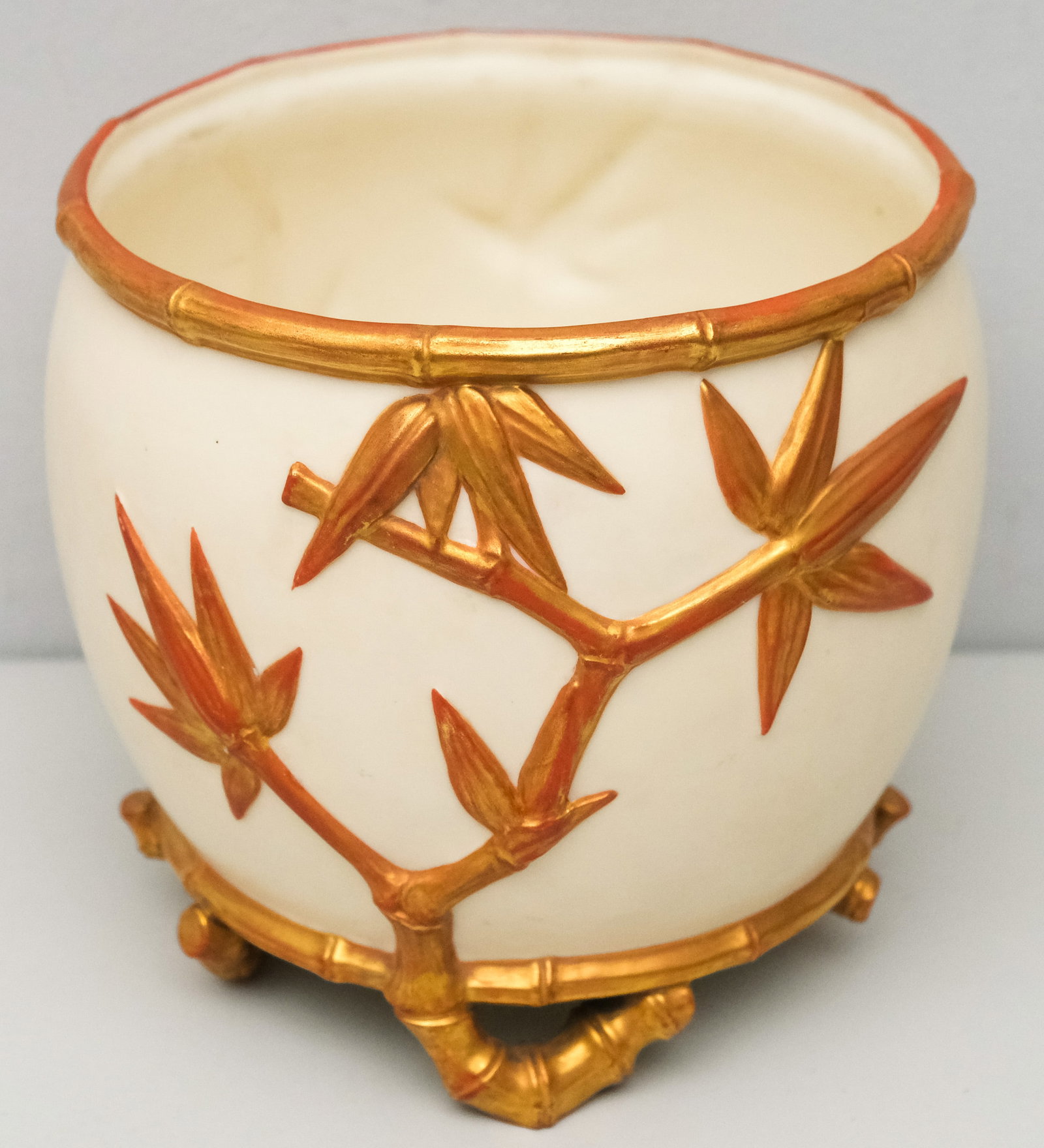 Worcester Aesthetic Porcelain Jardiniere: Metallic decor on bamboo ensconced body, with applied bamboo branch. Marked as shown. 7 1/2" x 8 1/2" diameter.