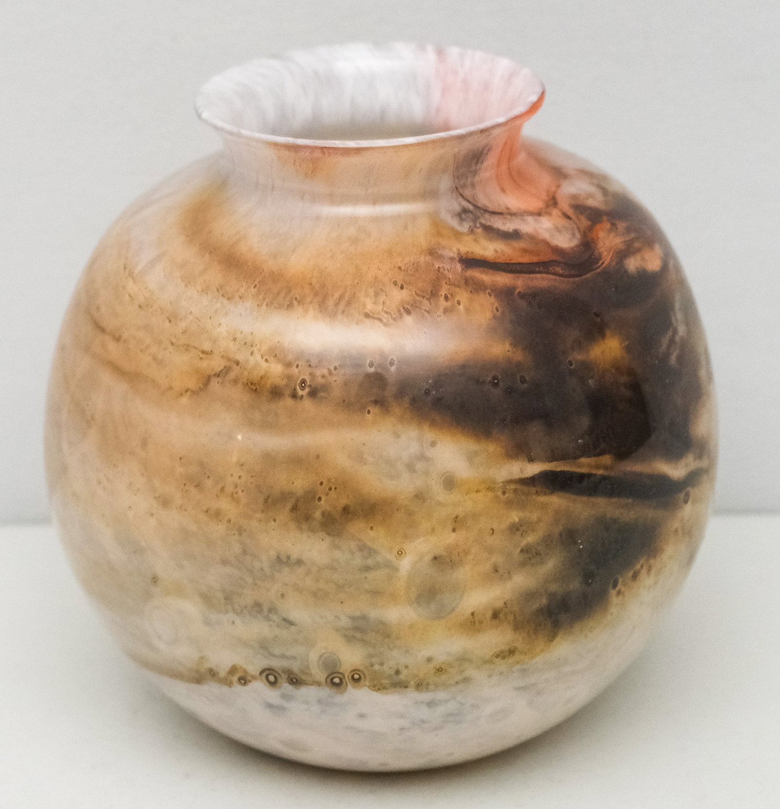 Antique Durand Kimble Cluthra Art Glass Vase: Marbleized body with rose streak. Marked as shown. 8"