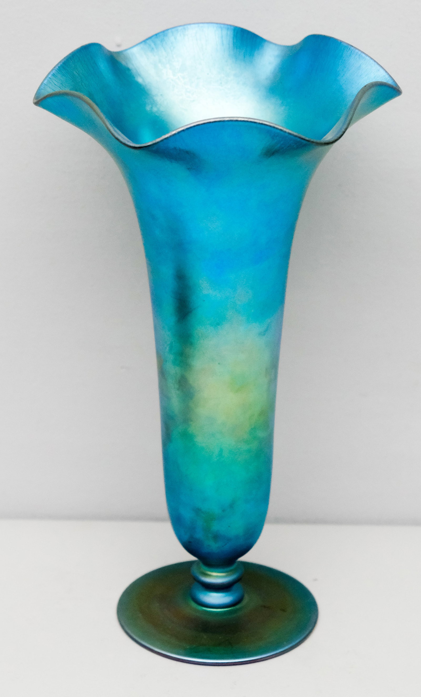 Antique Steuben Blue Aurene Art Glass Vase: Model 312. Ruffled top with polished pontil. Marked as shown. 11 1/2"