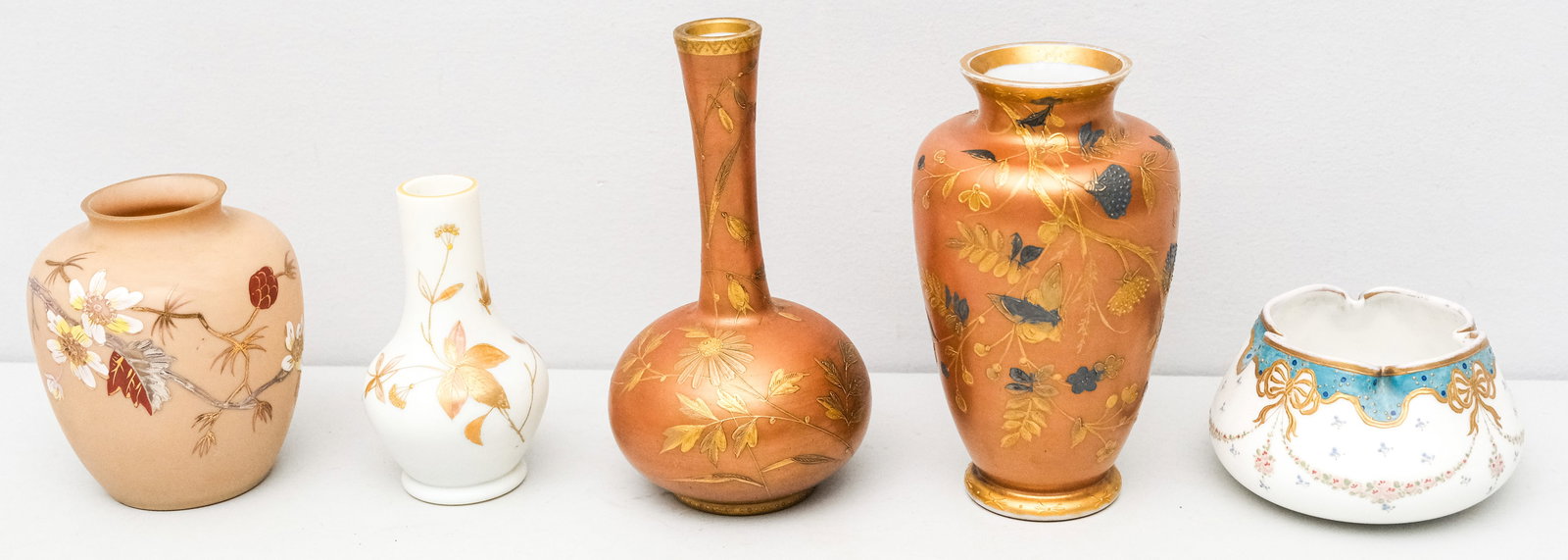 Group of Thomas Webb & Webb Style Glass: Comprising two vases with a bronze field and silver/gold aesthetic decor, two other vases, and a rose garland decorated bowl, Marked "Webb". Marked as shown. 5 1/4" - 8 1/4".